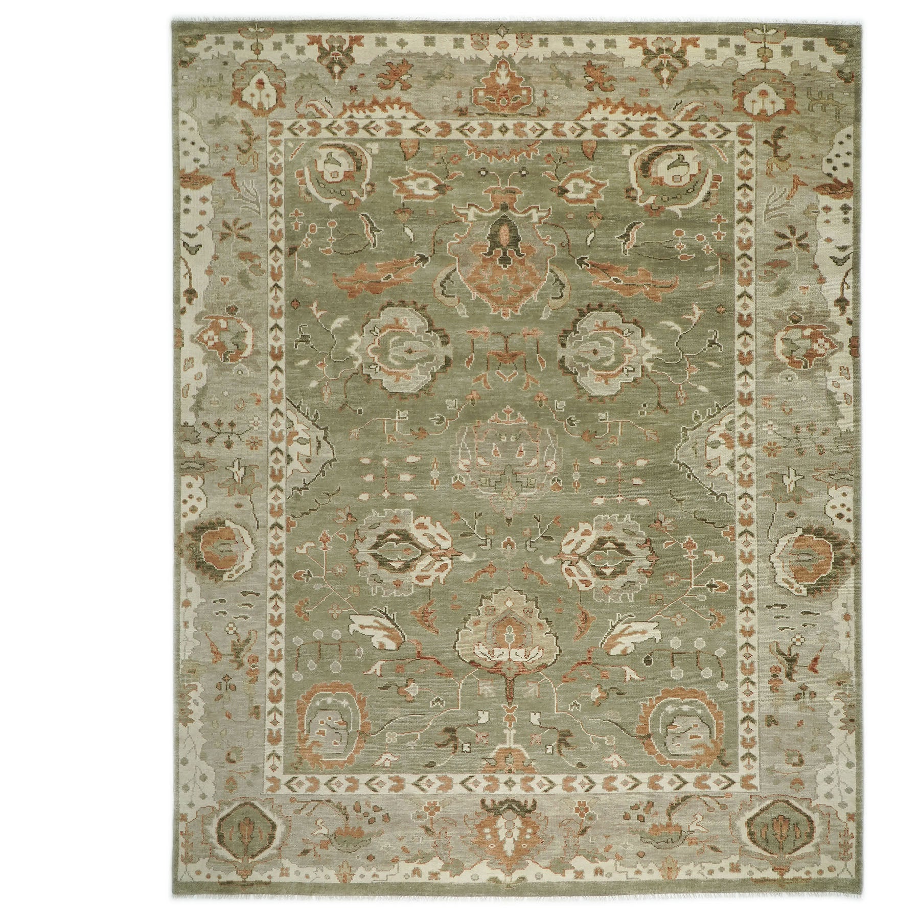 12x15 Green, Peach, Beige Color Hand Knotted Oushak Wool Transitional Oriental Rug