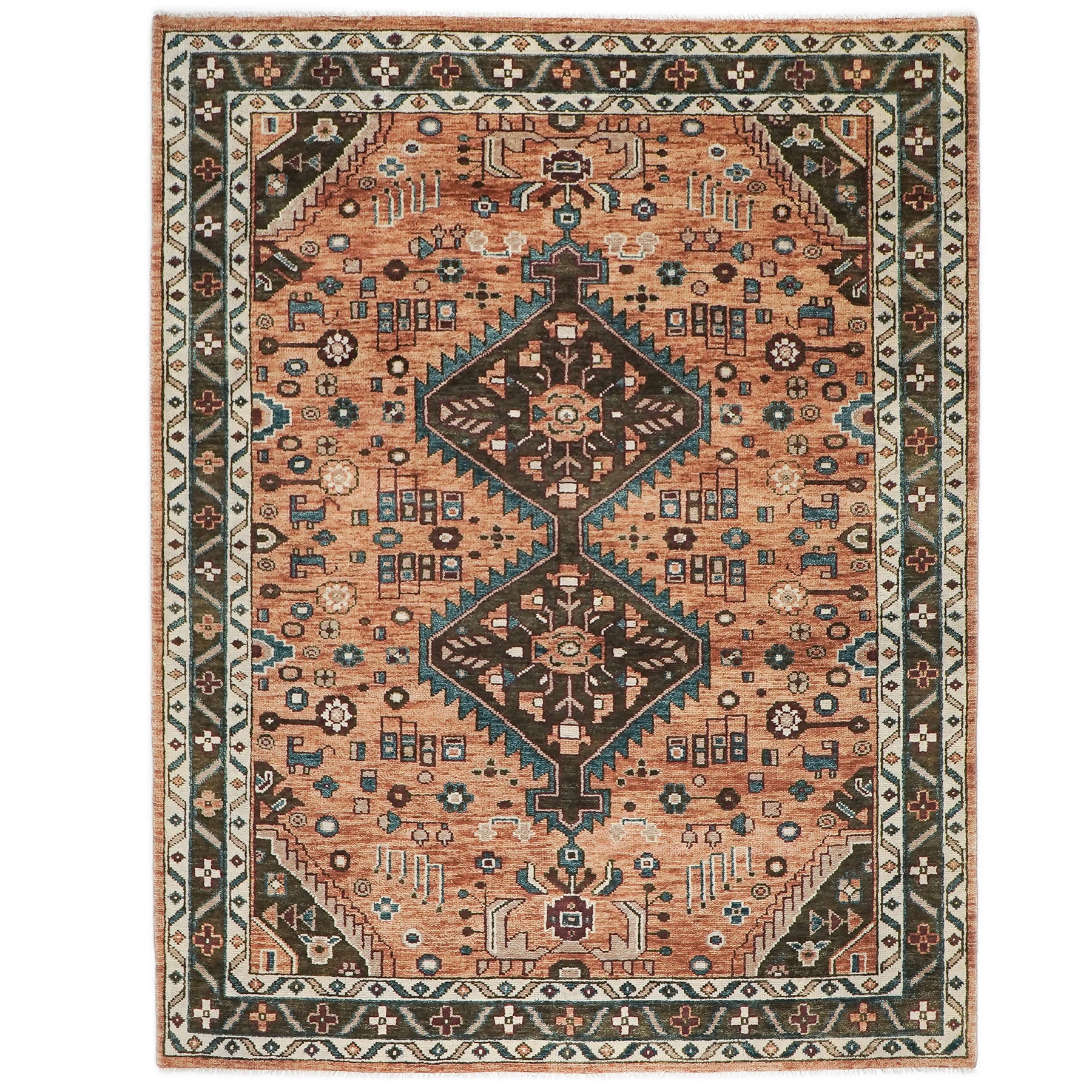 9x12 Peach, Green, Brown Color Hand Knotted Oushak Wool Southwestern Oriental Rug