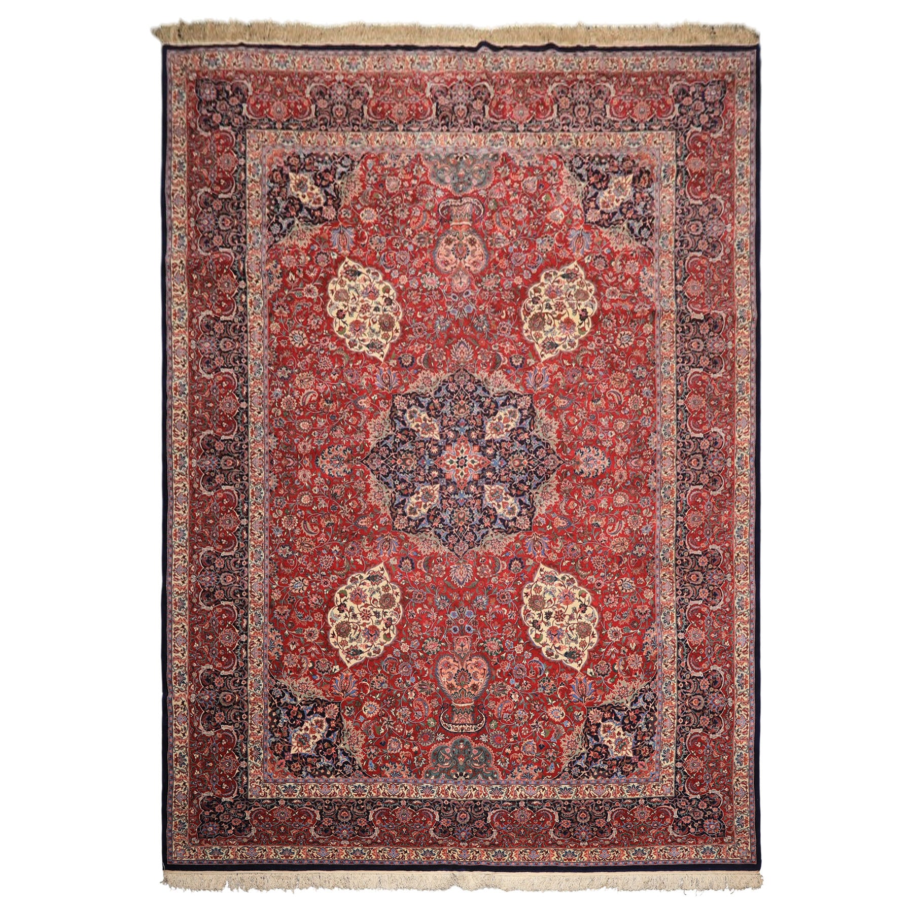 10x14 Red, Navy, Ivory Color Hand Knotted Pak Persian Wool & Silk Traditional Oriental Rug