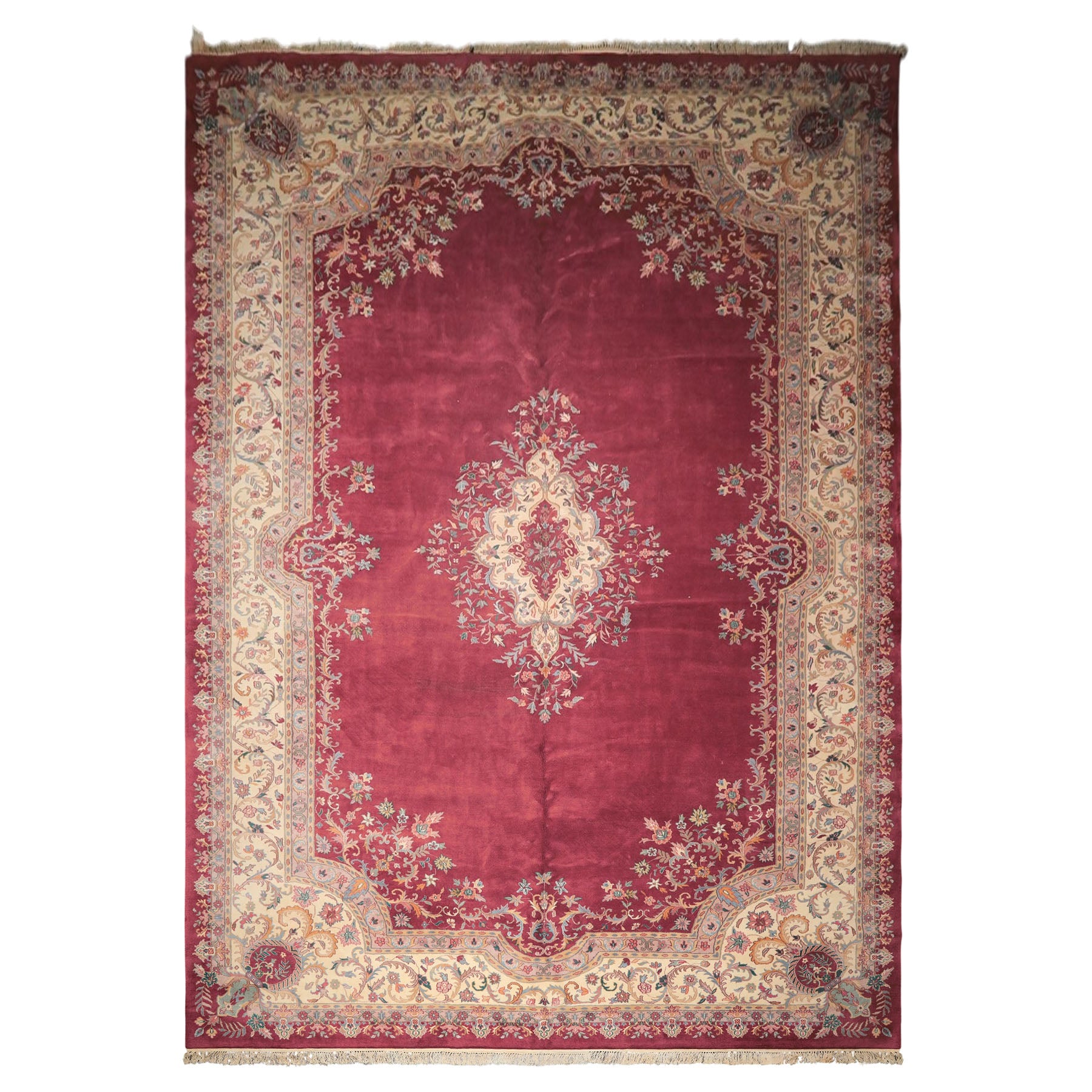 12x18 Plum, Ivory, Blue Color Hand Knotted Kerman Wool Traditional Oriental Rug