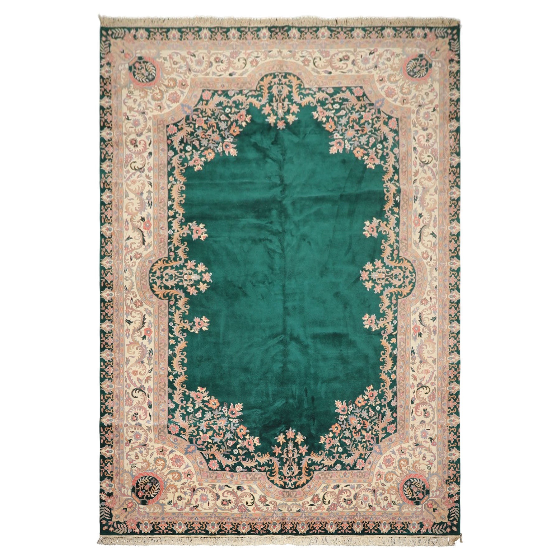 10x14 Emarald, Ivory, Rose Color Hand Knotted Kerman Wool Traditional Oriental Rug