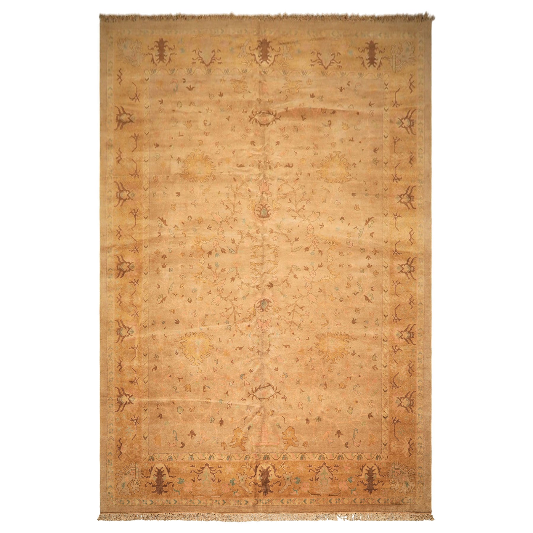 Palace Tan, Gold, Turquoise Color Hand Knotted Oushak Wool Transitional Oriental Rug