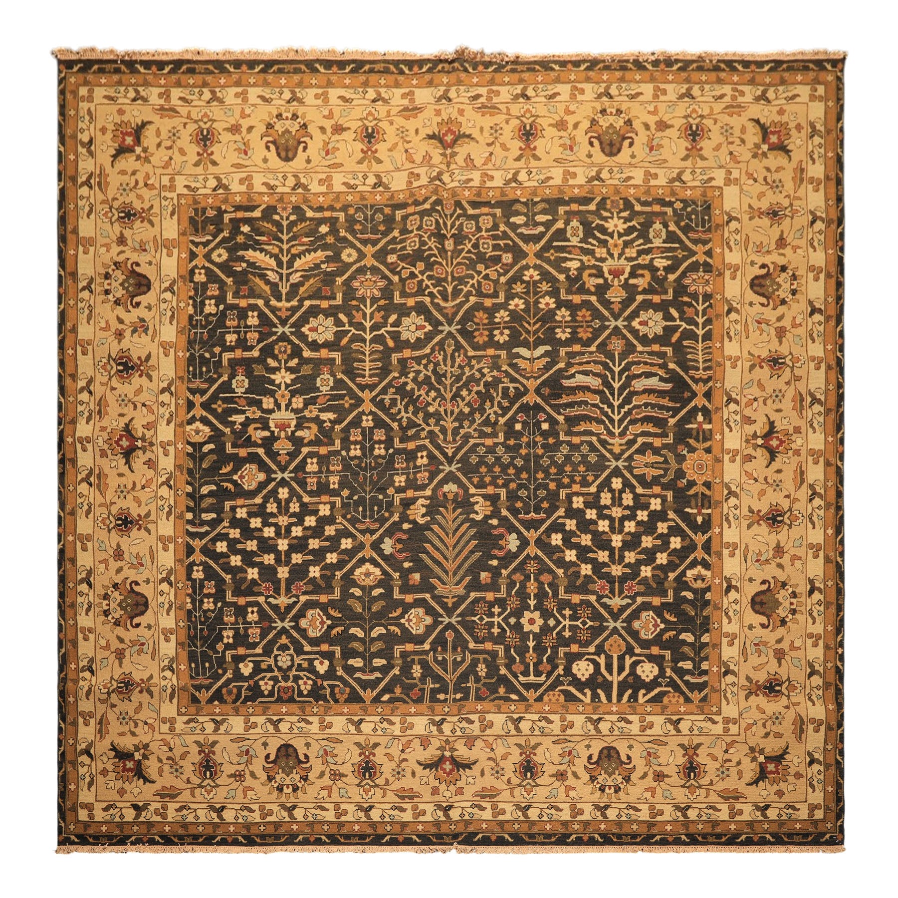 Square Charcoal, Tan, Rust Color Hand Knotted Soumak Wool Transitional Oriental Rug