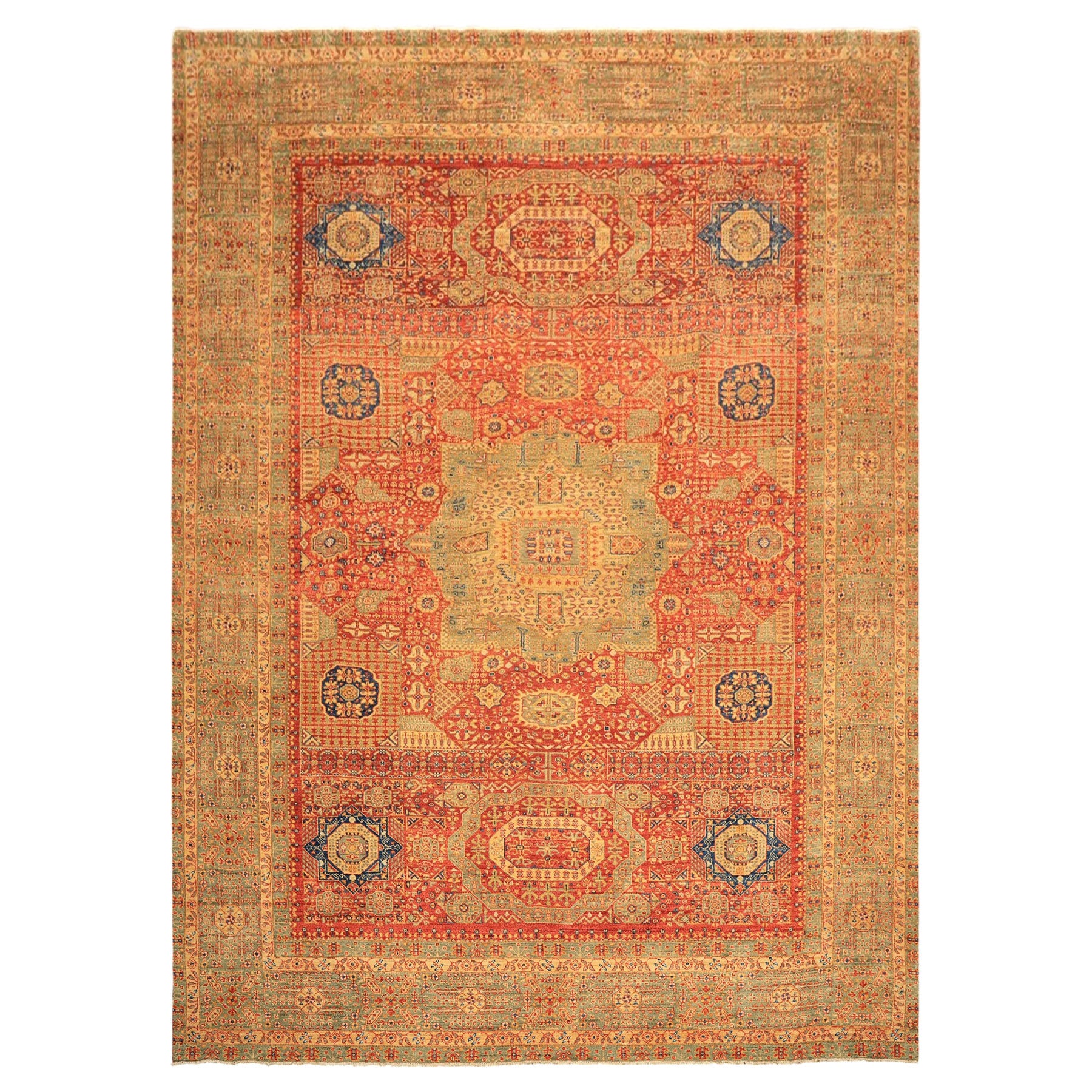 9x12 Burnt Orange, Gold, Celadone Color Hand Knotted Cairene Mamluk Wool Traditional Oriental Rug