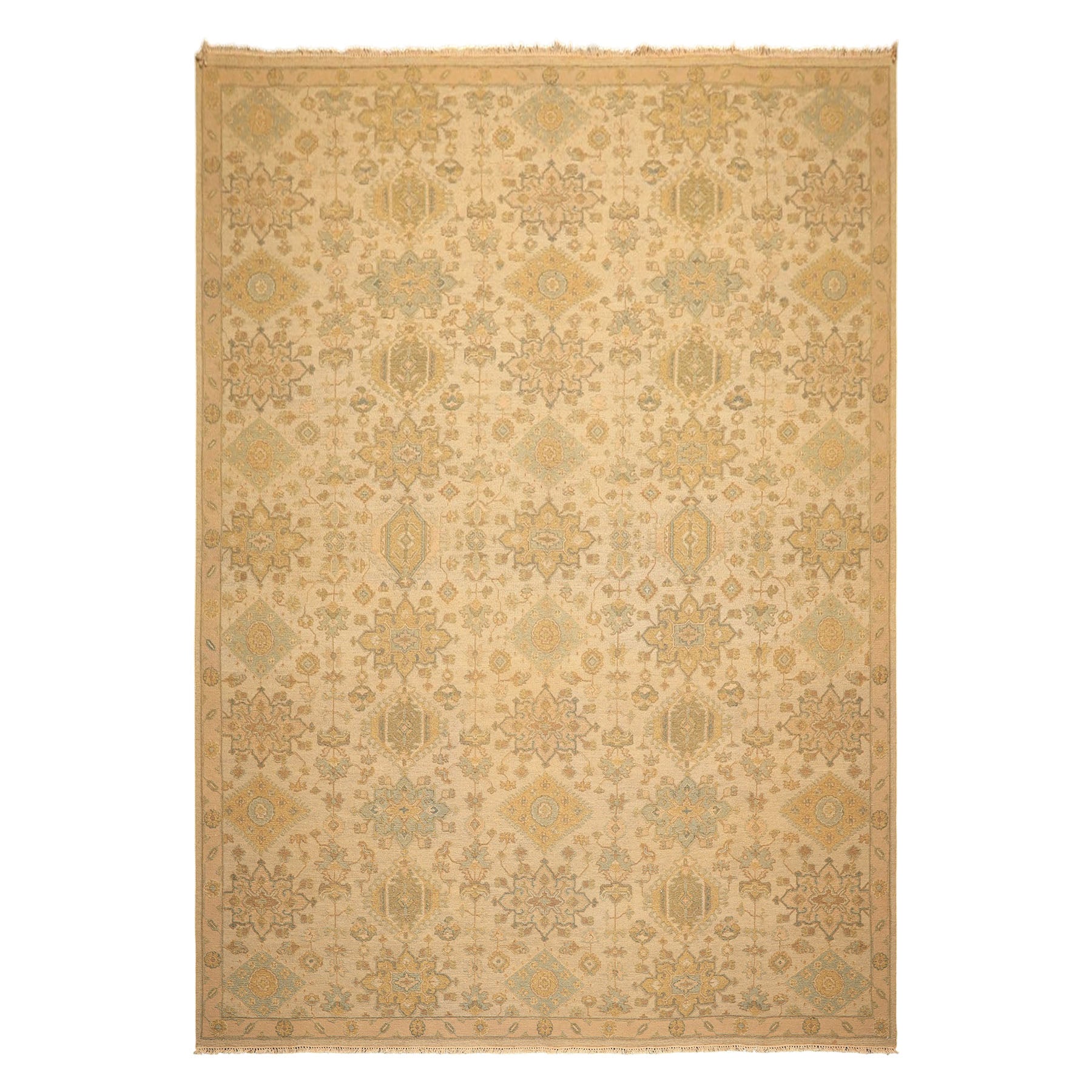 9x12 Beige, Mint, Peach Color Hand Knotted Soumak Wool Transitional Oriental Rug