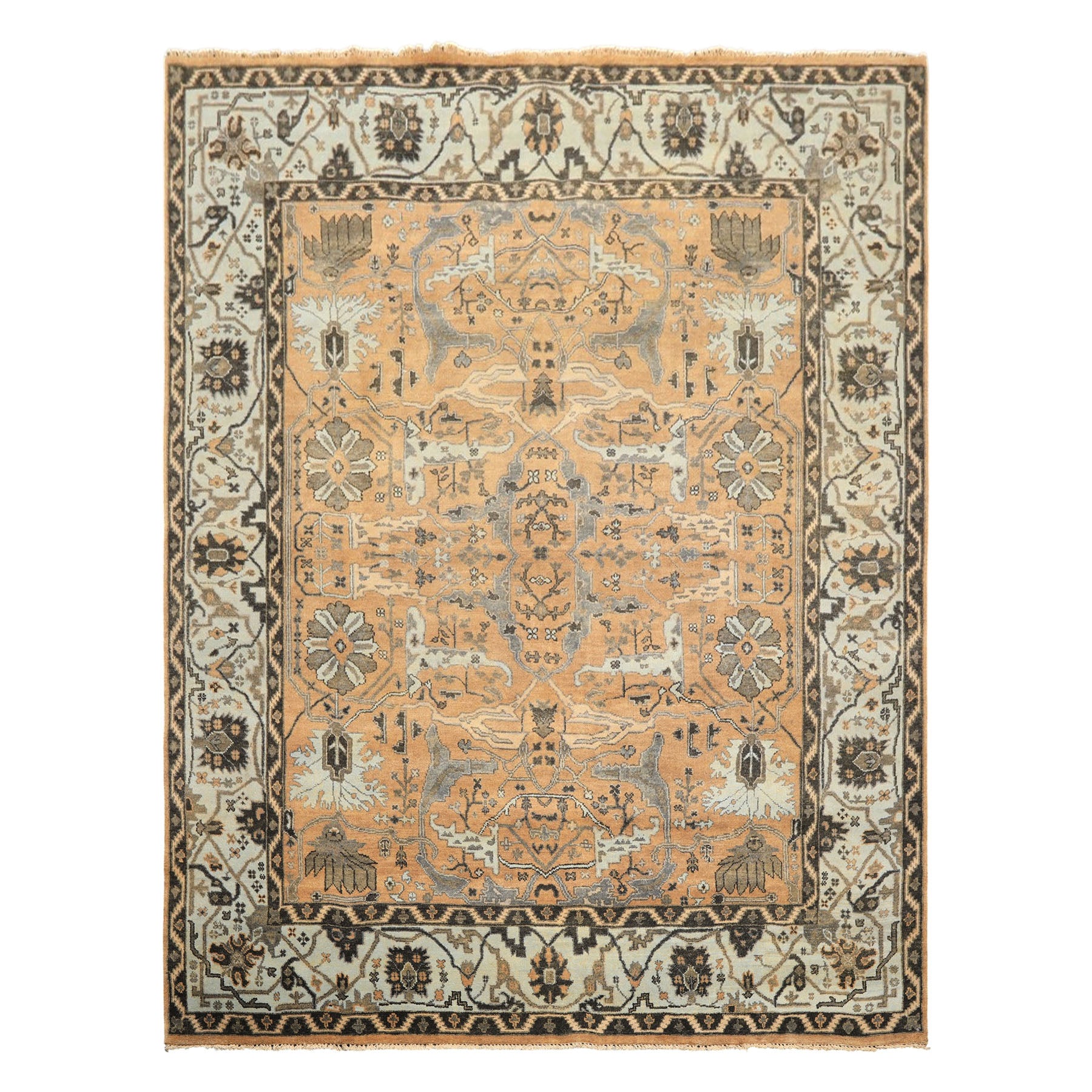 8x10 Peach, Blue, Charcoal Color Hand Knotted Oushak Wool Transitional Oriental Rug