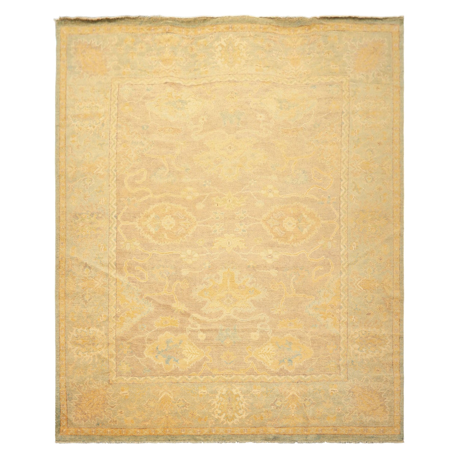 8x10 Taupe, Aqua, Gold Color Hand Knotted Oushak New Zealand Wool Transitional Oriental Rug