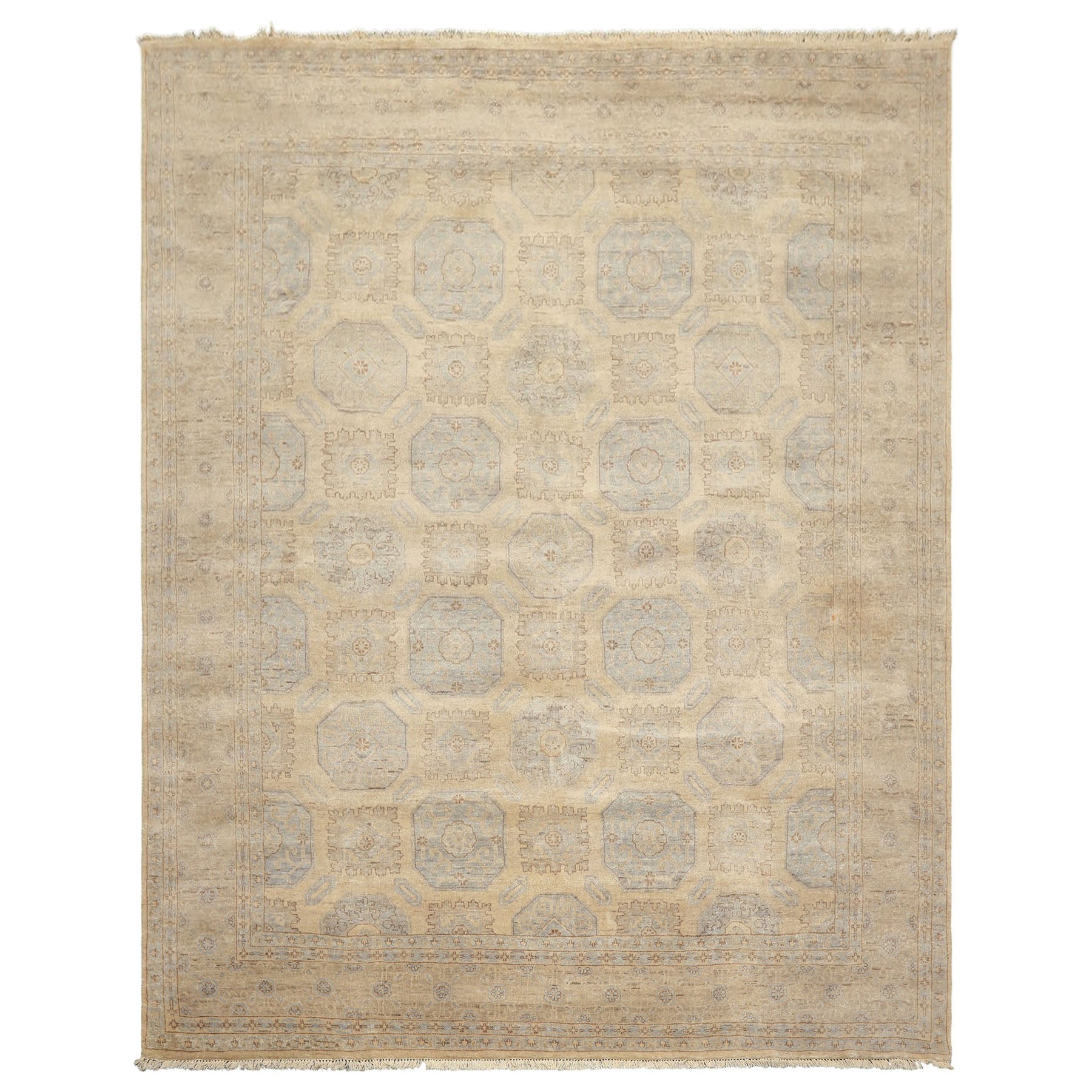 8x10 Beige, Taupe, Slate Color Hand Knotted Khotan Wool Transitional Oriental Rug