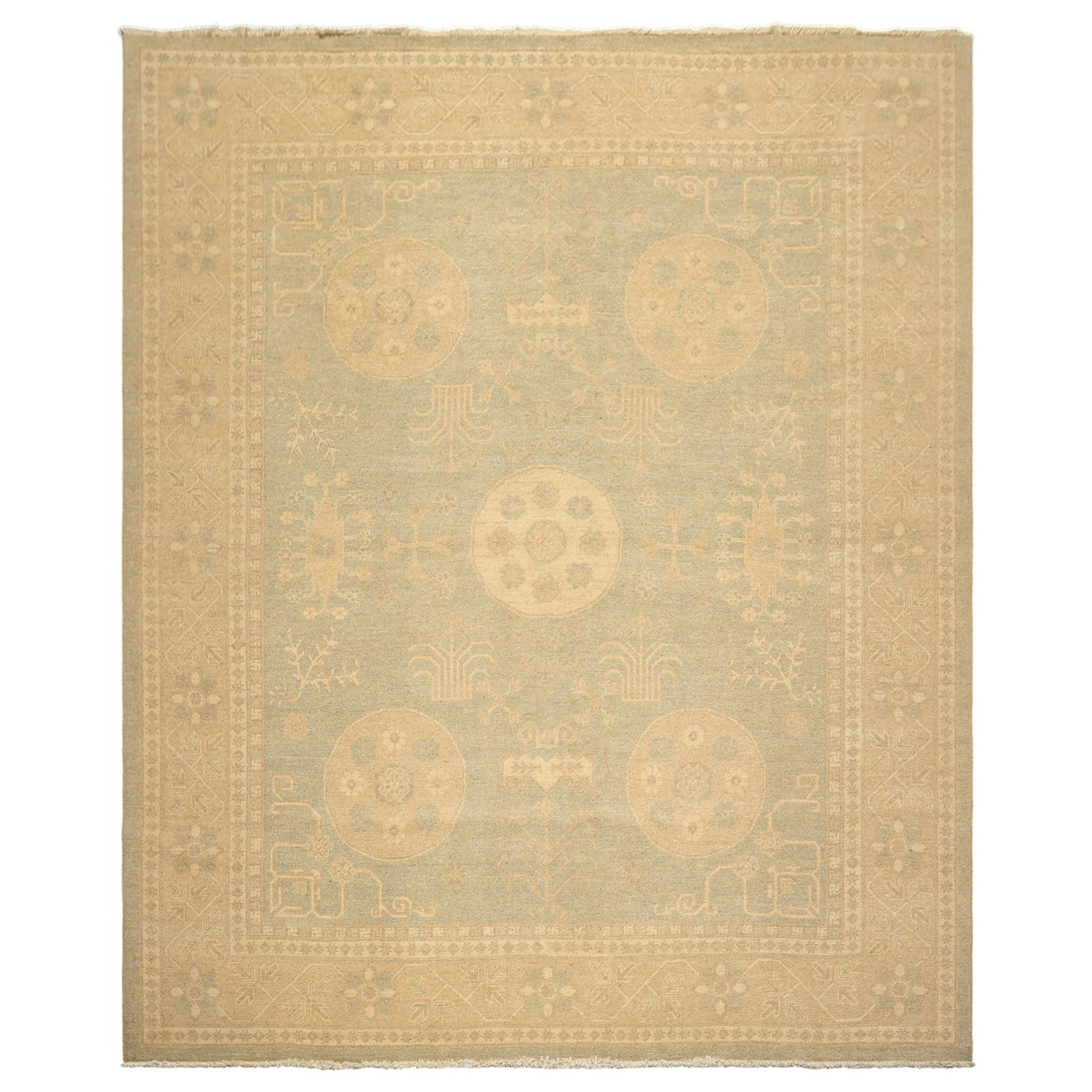 8x10 Mint, Tan, Beige Color Hand Knotted Khotan Wool Transitional Oriental Rug