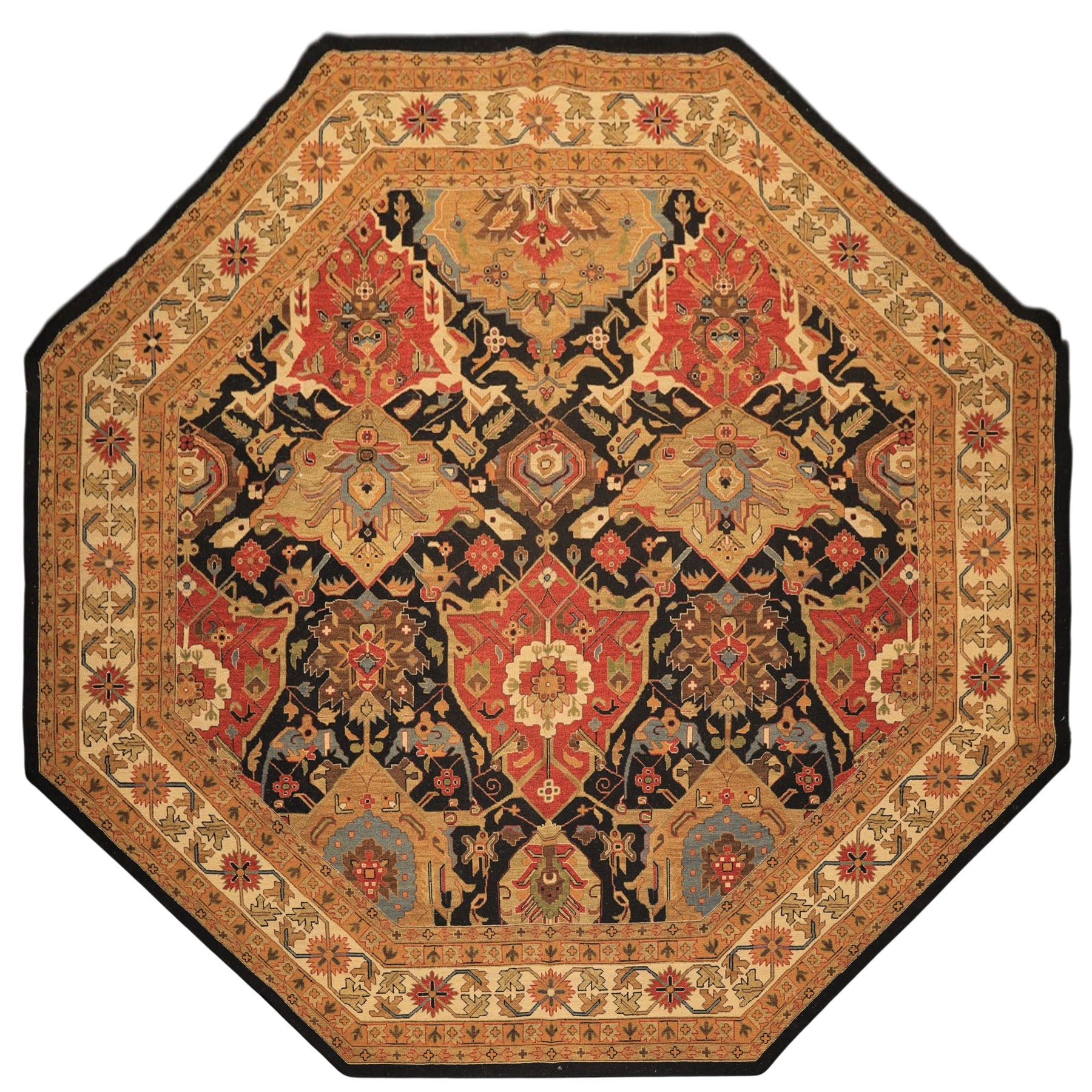 Octagon Black, Ivory, Gold Color Hand Knotted Soumak Wool Traditional Oriental Rug