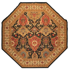 Octagon Black, Ivory, Gold Color Hand Knotted Soumak Wool Traditional Oriental Rug