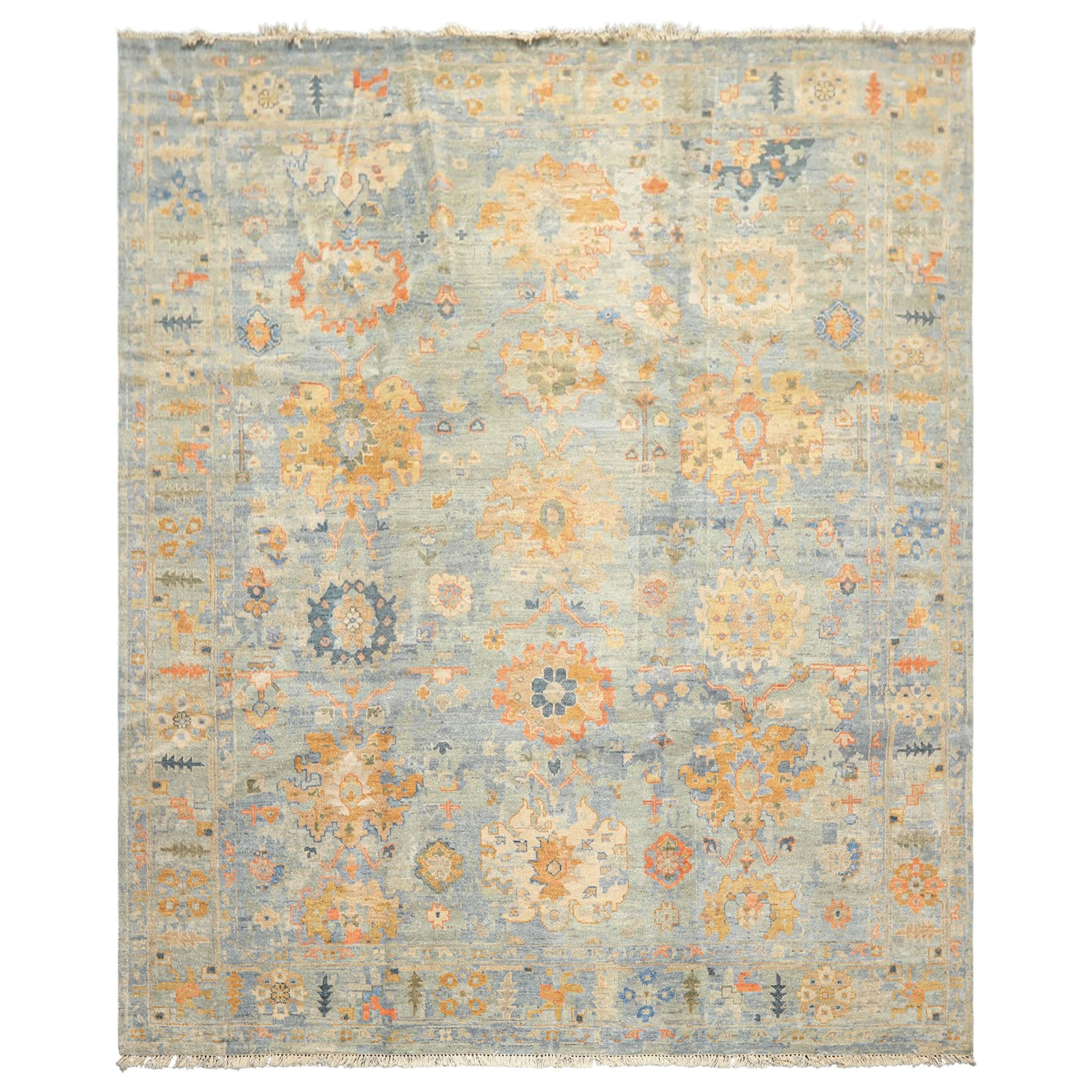 8x10 Blue, Aqua, Gold Color Hand Knotted Oushak Wool Modern & Contemporay Oriental Rug