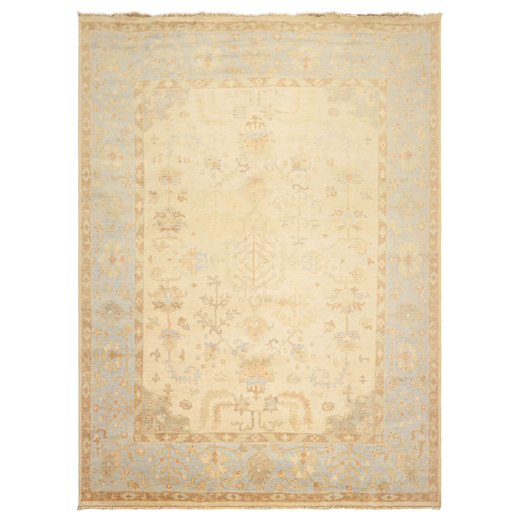 9x12 Ivory, Beige, Aqua Color Hand Knotted Oushak Wool Transitional Oriental Rug