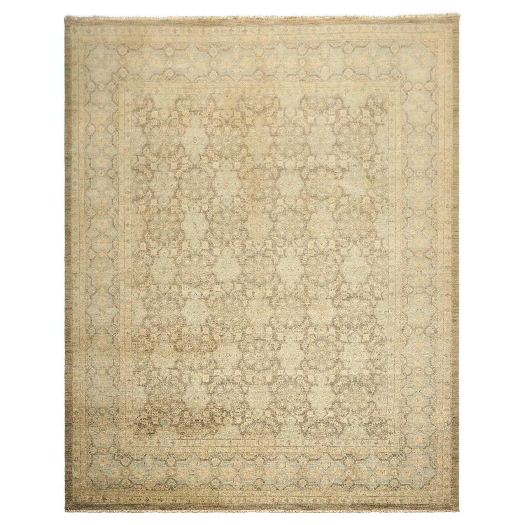 9x11 Brown, Aqua, Beige Color Hand Knotted Chobi Peshawar Wool Transitional Oriental Rug