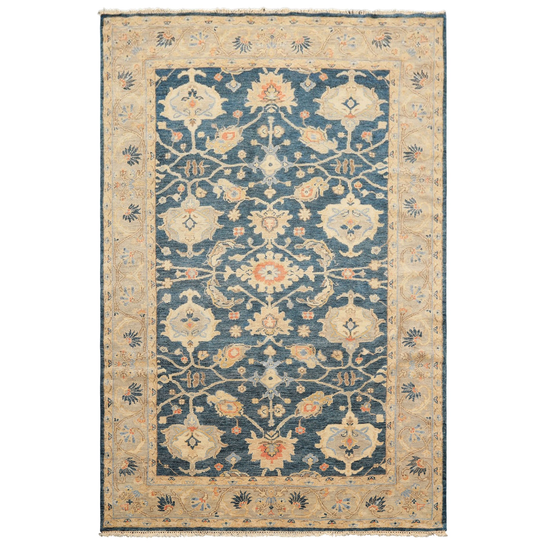 6x9 Navy, Gray, Beige Color Hand Knotted Oushak Wool Traditional Oriental Rug