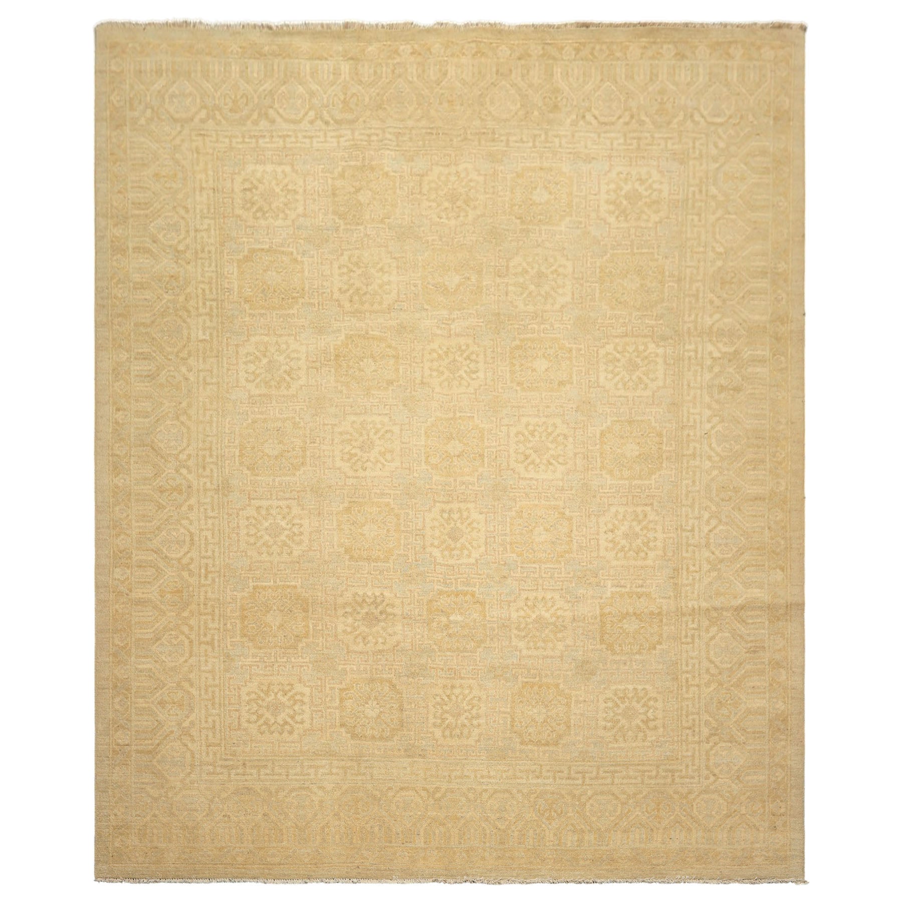 8x10 Beige, Tan, Celadon Color Hand Knotted Oushak Wool Transitional Oriental Rug