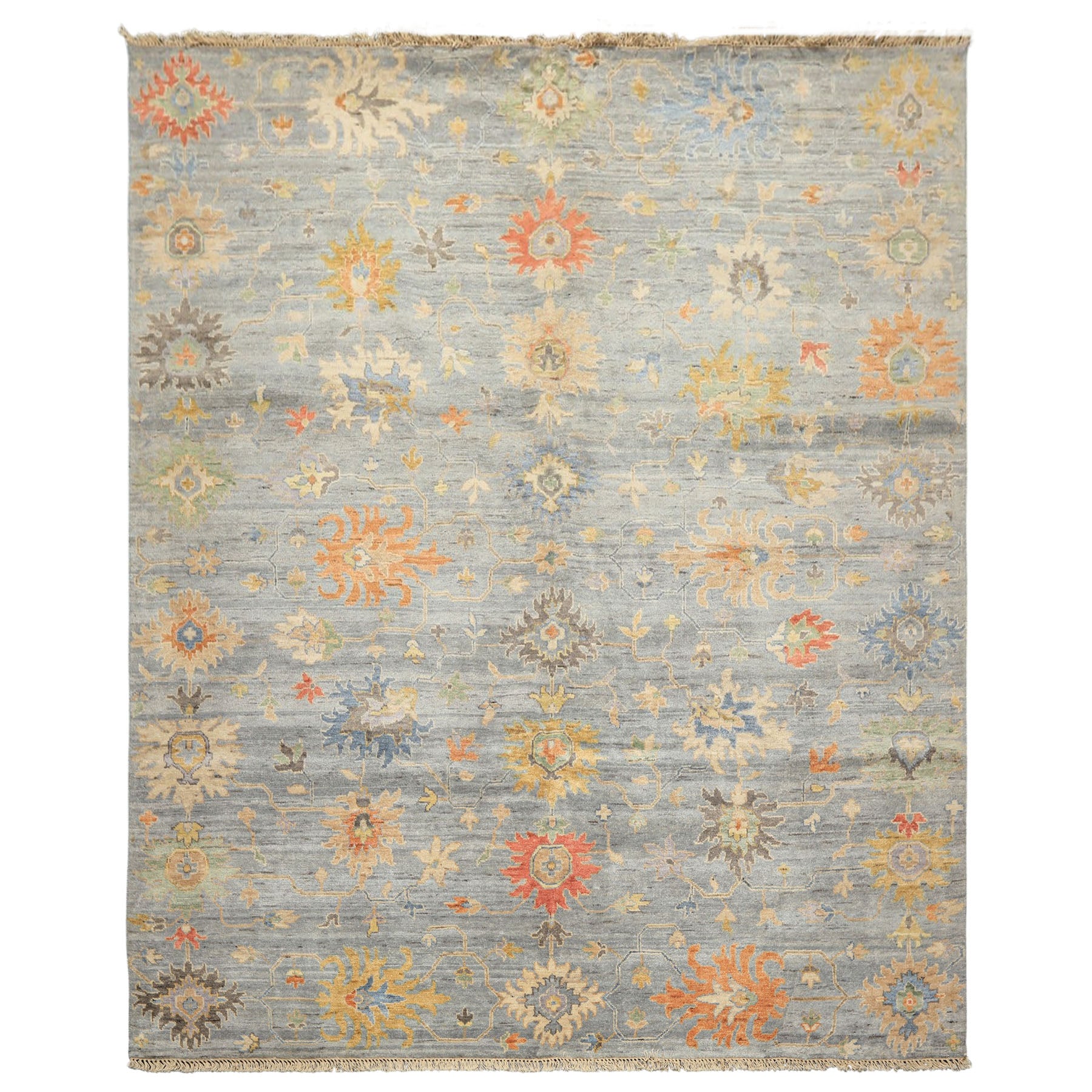8x10 Blue, Coral, Orange Color Hand Knotted Oushak Wool Transitional Oriental Rug