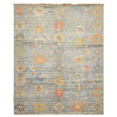 8x10 Blue, Coral, Orange Color Hand Knotted Oushak Wool Transitional Oriental Rug
