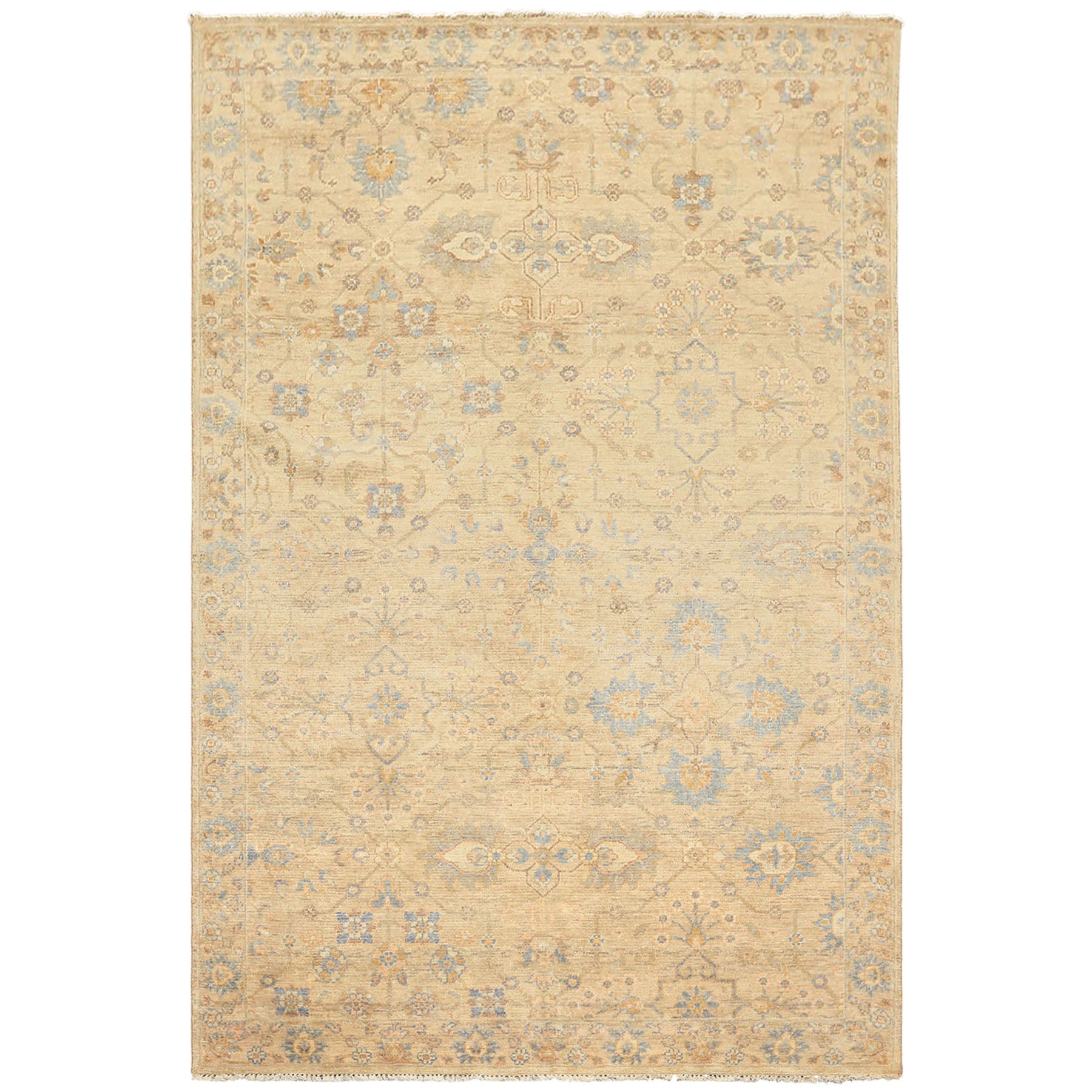 6x9 Beige, Aqua, Light Blue Color Hand Knotted Oushak Wool Transitional Oriental Rug