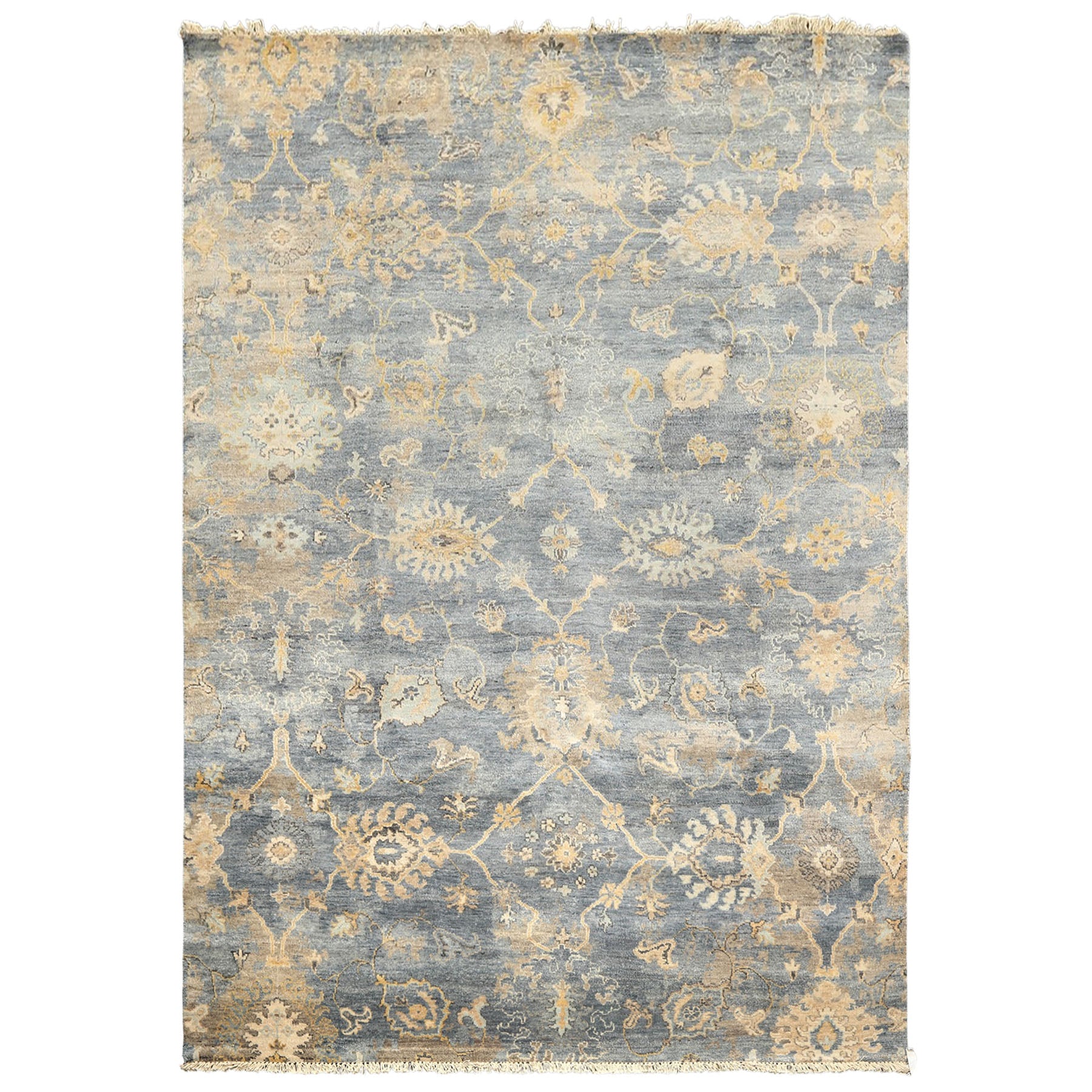6x9 Slate, Blue, Beige Color Hand Knotted Oushak Wool Transitional Oriental Rug