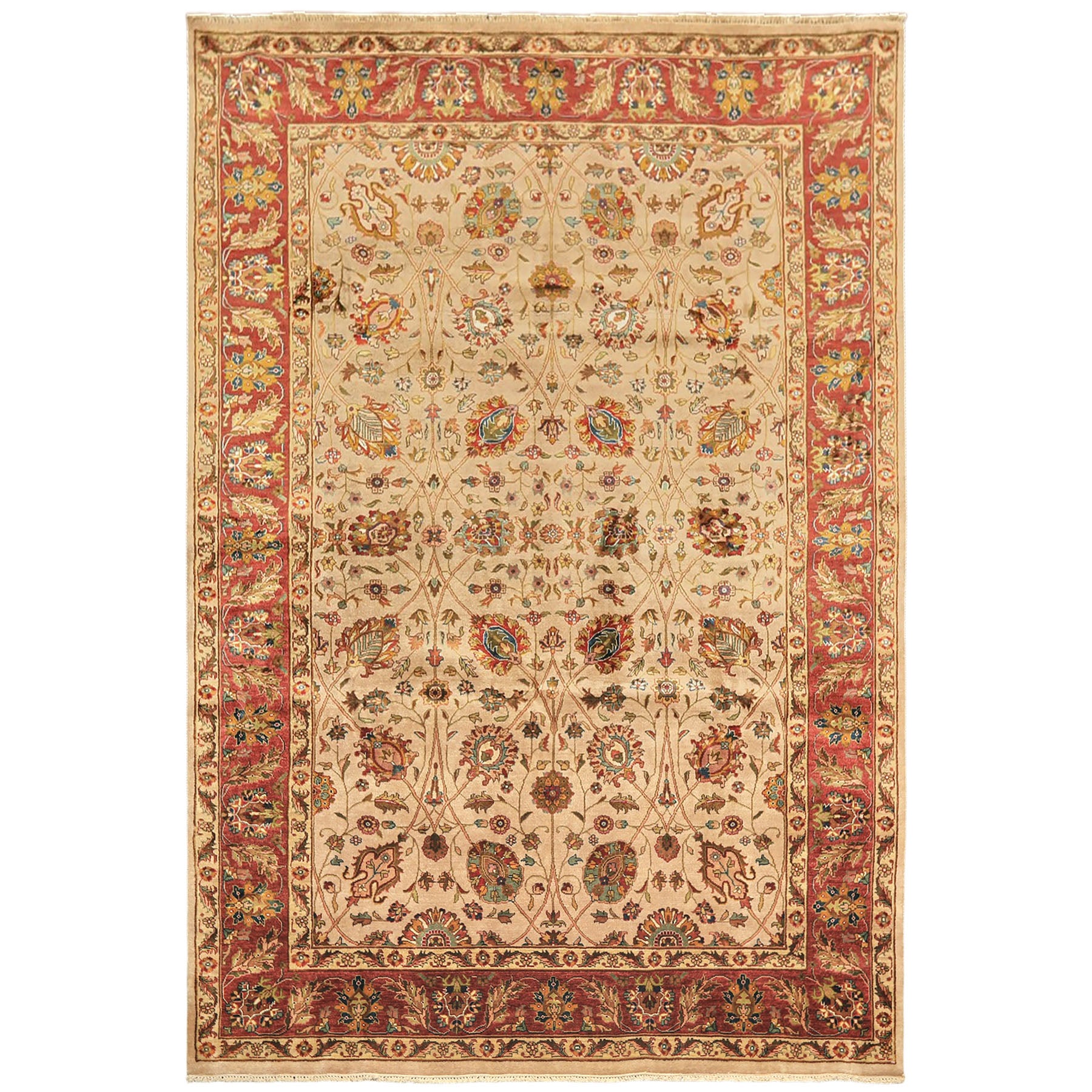 6x9 Tan, Maroon, Gold Color Hand Knotted Kashan Wool & Silk Traditional Oriental Rug
