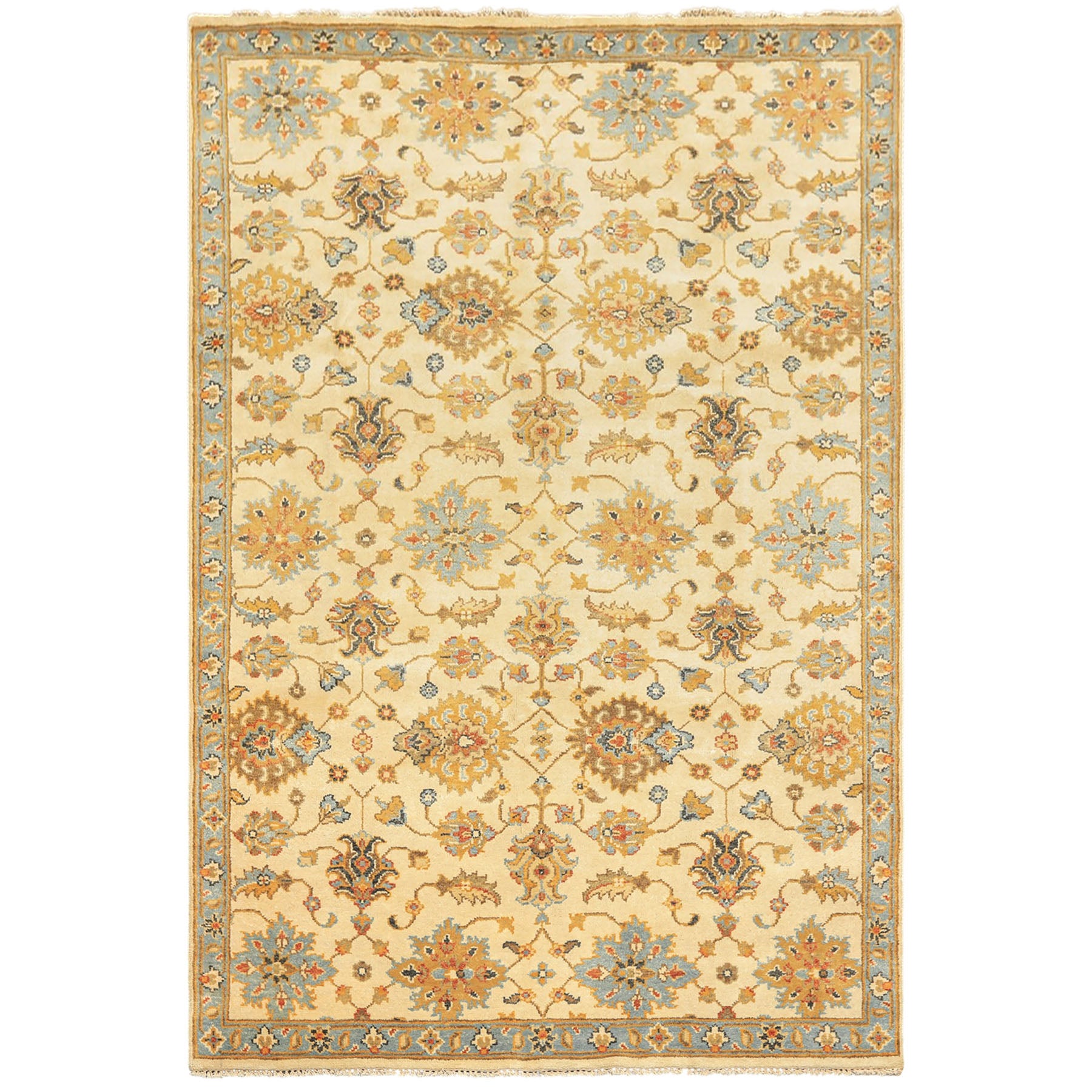 6x9 Beige, Aqua, Gold Color Hand Knotted Oushak Wool Traditional Oriental Rug