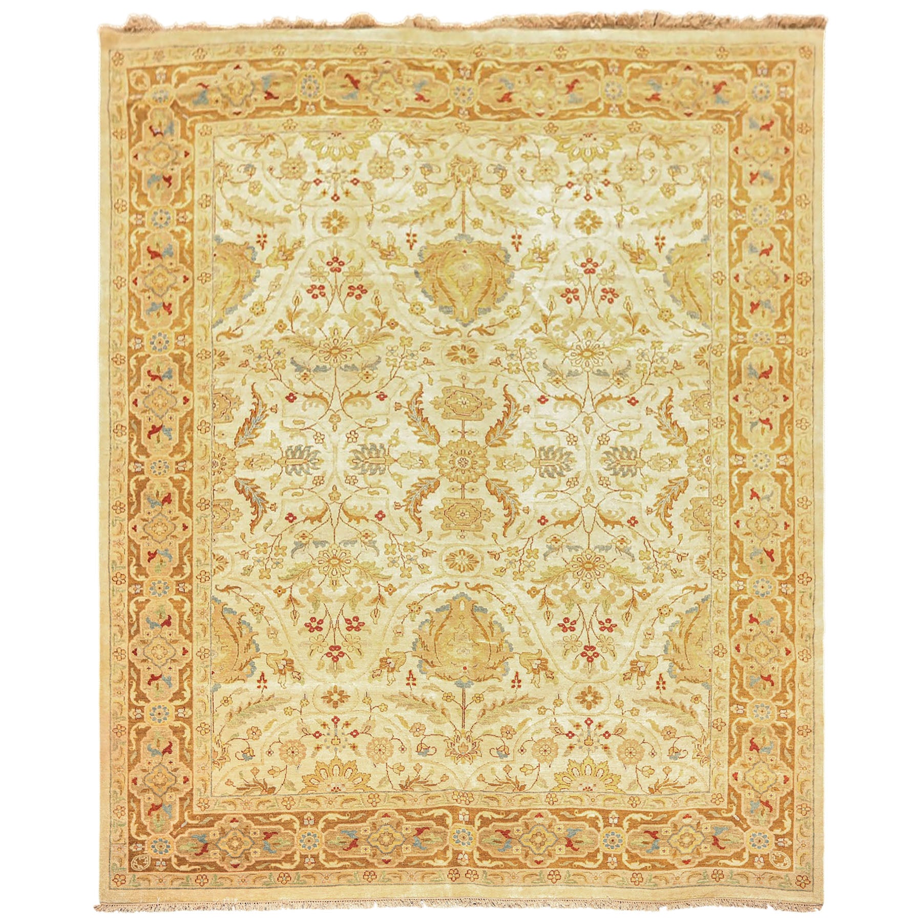 9x12 Warm Beige, Gold, Turquoise Color Hand Knotted Agra Wool Traditional Oriental Rug