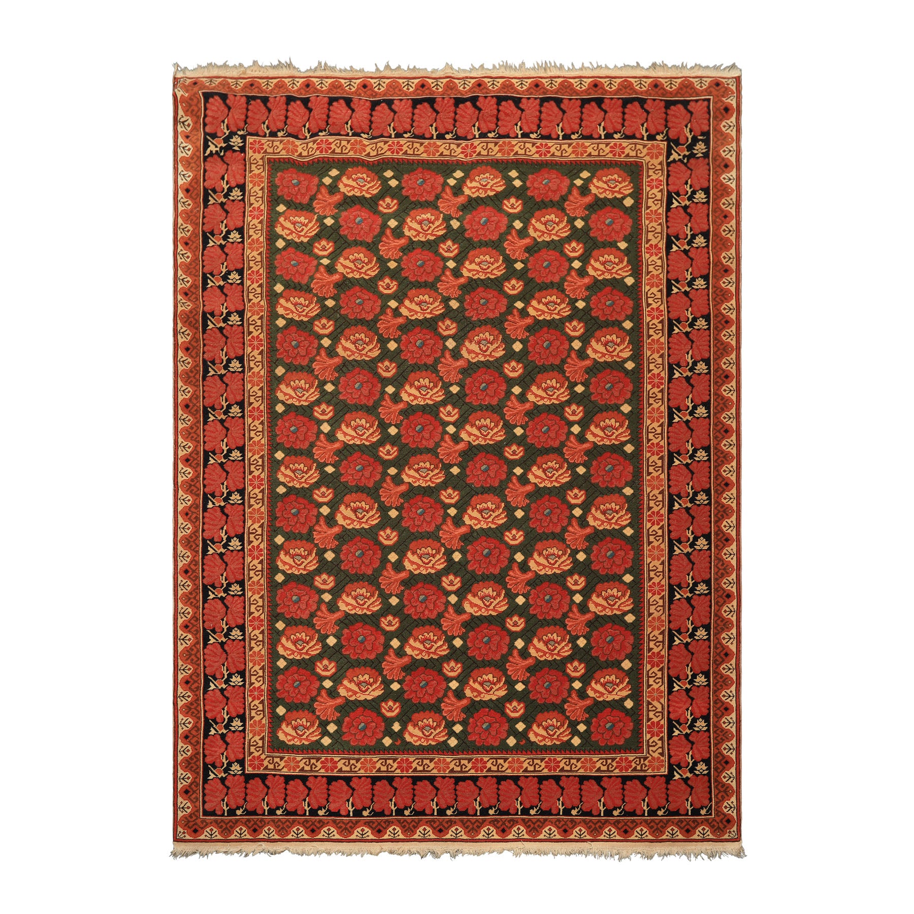 6x9 Green, Rose, Charcoal Color Hand Knotted  Wool Traditional Oriental Rug