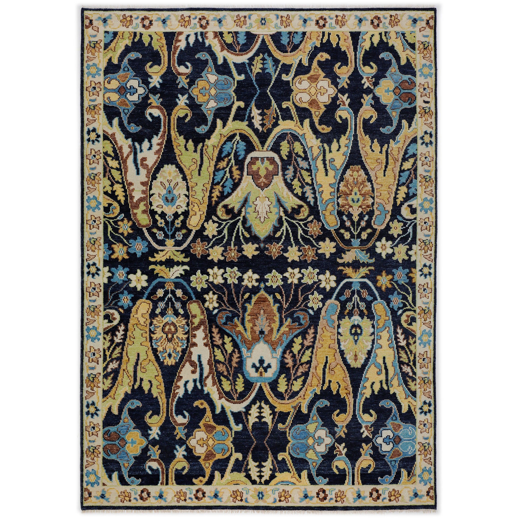 Multi Size Navy Mint Ivory Color Hand Knotted Oushak Wool  Oriental Rug