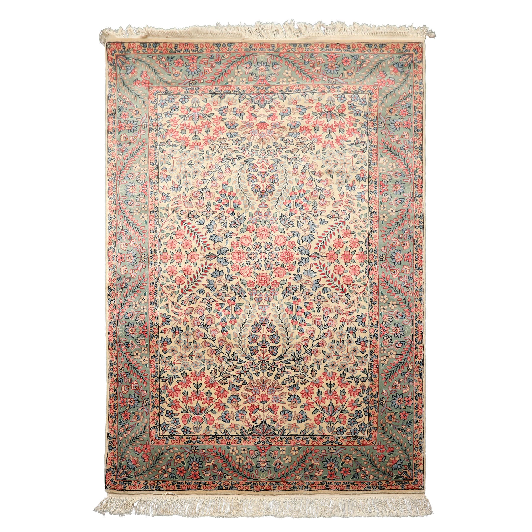 4x6 Ivory, Aqua, Navy Color Hand Knotted Kerman New Zealand Wool Traditional Oriental Rug