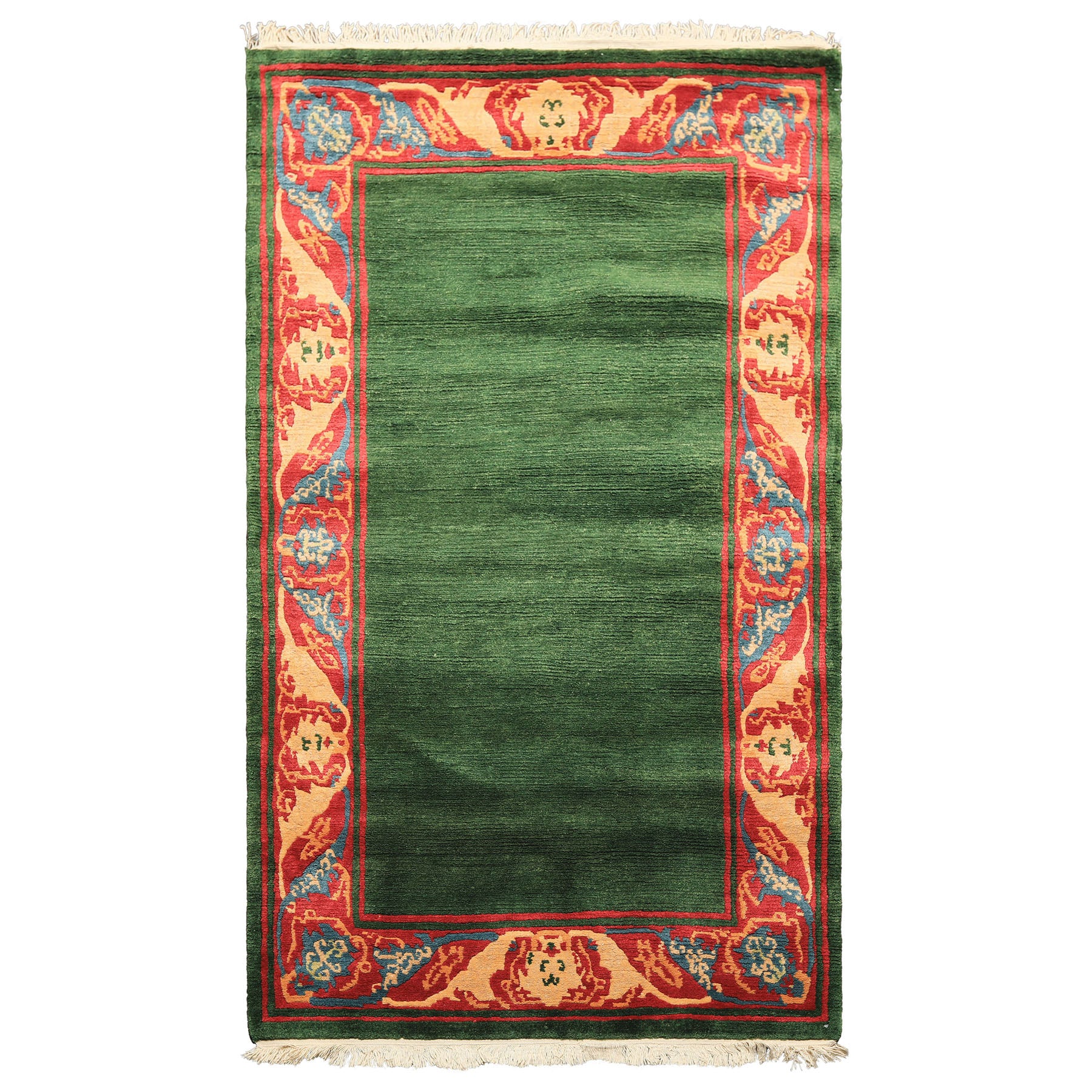 5x7 Green, Coral, Peach Color Hand Knotted Tibetan Wool Transitional Oriental Rug