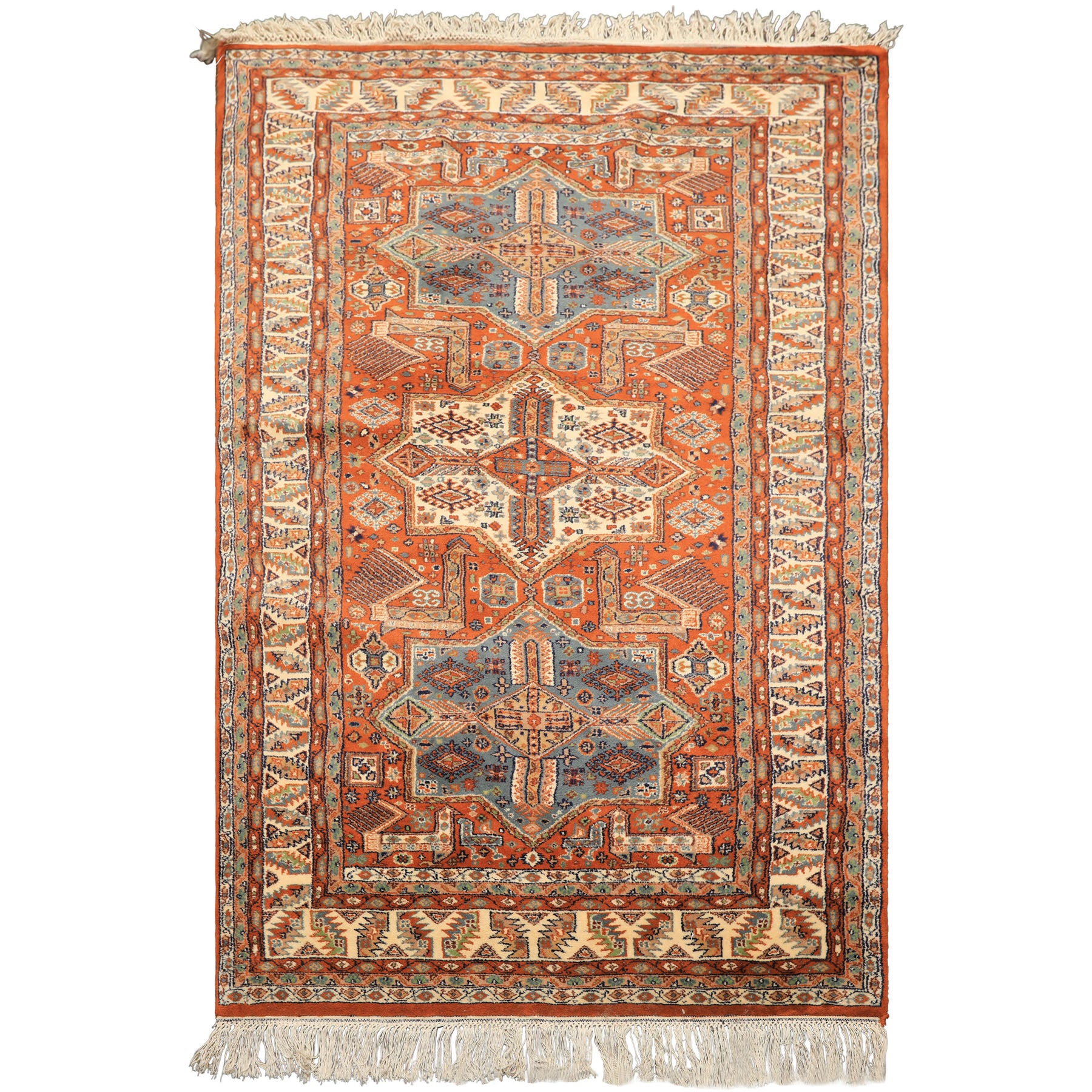 4x6 Burnt Orange, Ivory, Blue Color Hand Knotted Kazak Wool  Oriental Rug