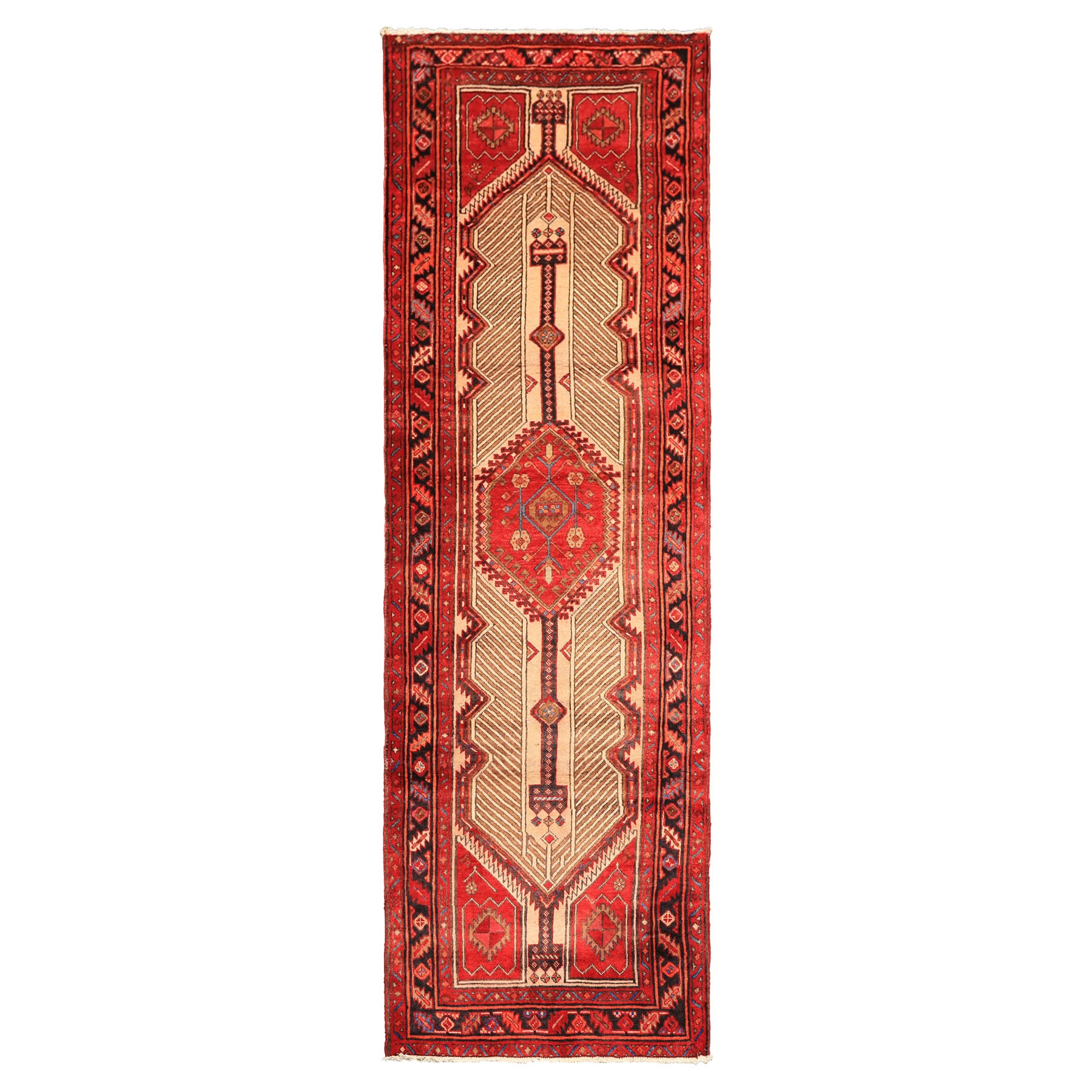 Runner Beige, Red, Rose Color Hand Knotted Heriz Wool Traditional Oriental Rug