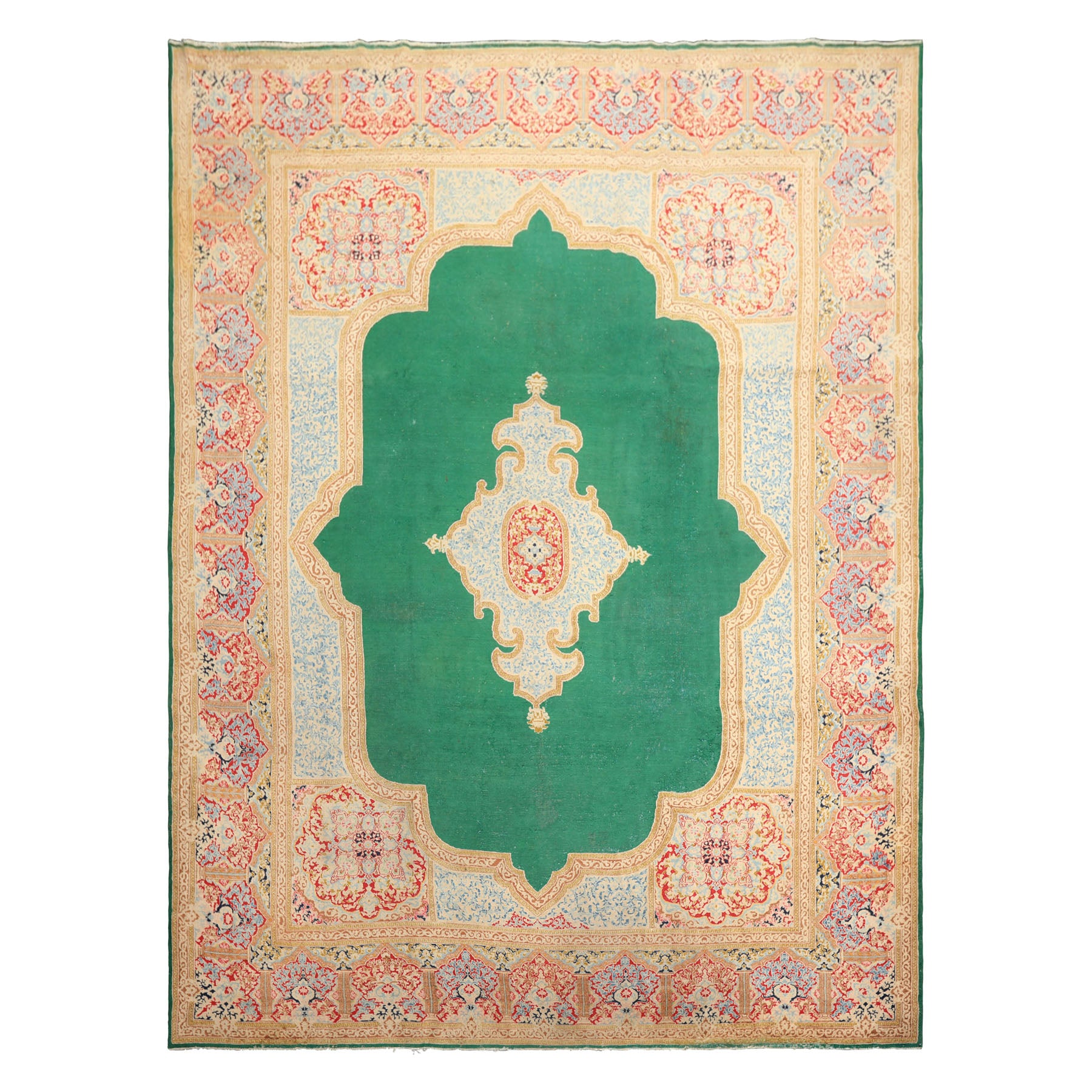 9x12 Green, Ivory, Rose Color Hand Knotted Kerman Wool Traditioal Oriental Rug