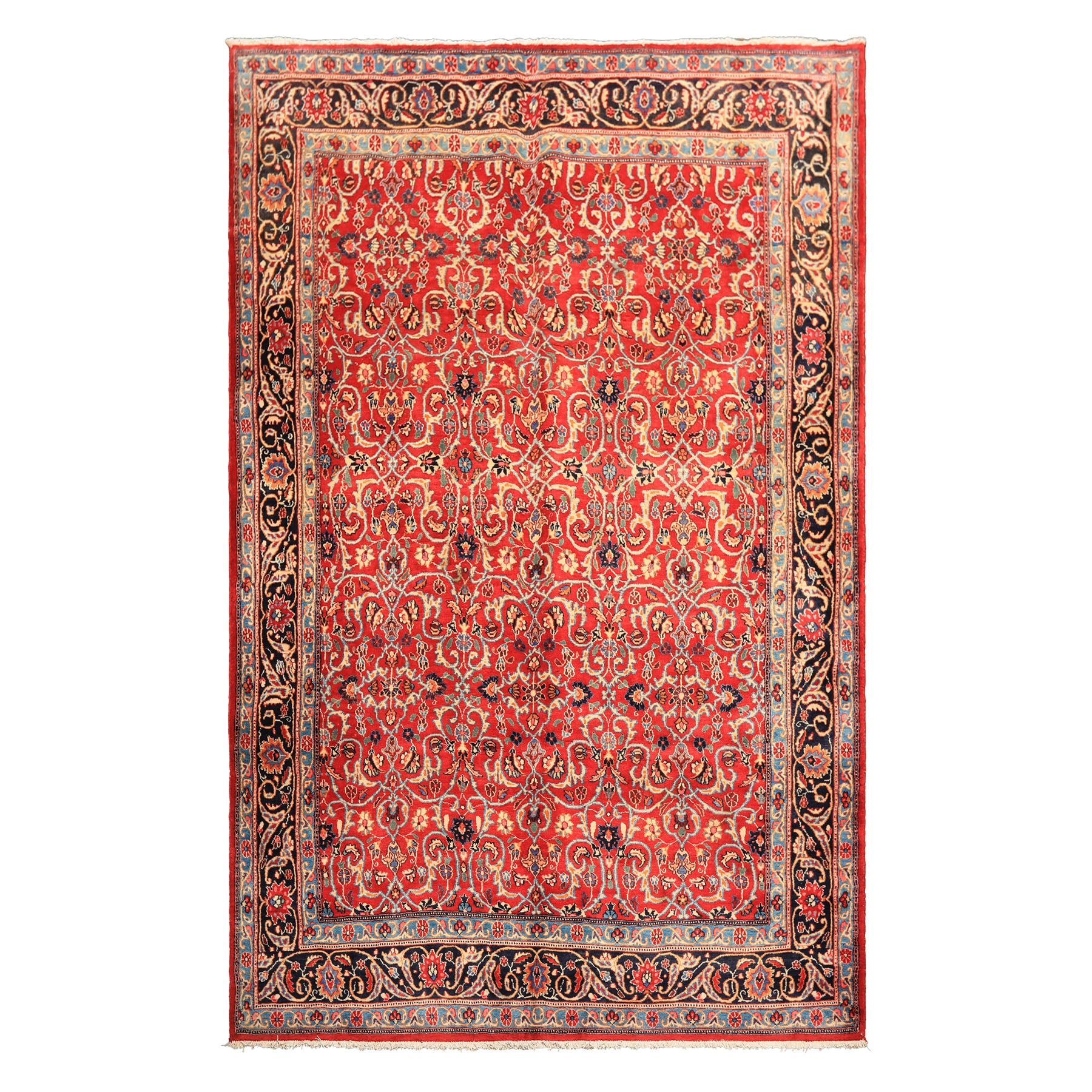 7x10 Red, Midnight Blue, Orange Color Hand Knotted Kashmar Wool Traditional Oriental Rug