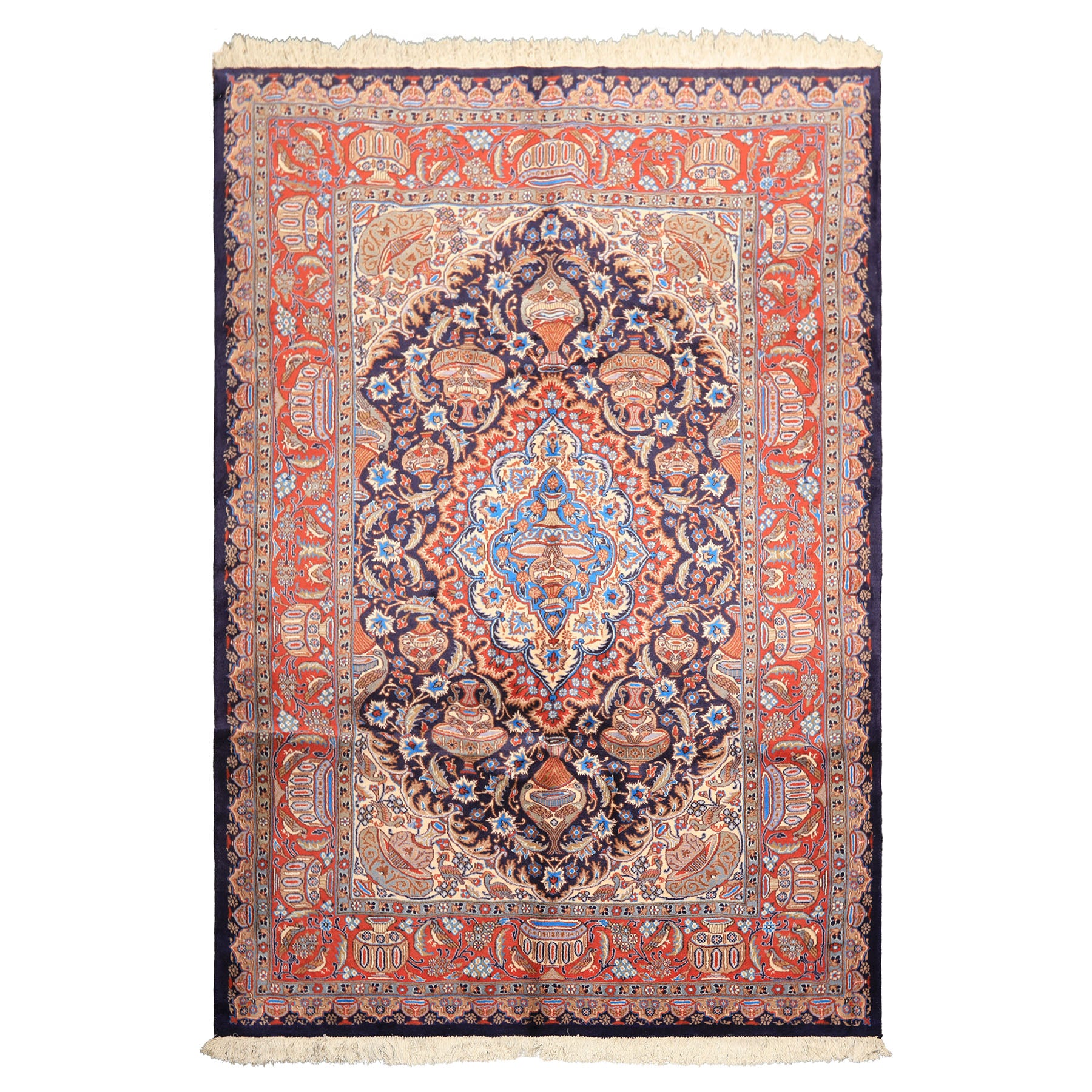 6x9 Navy, Burnt Orange, Ivory Color Hand Knotted Kashmar Wool Traditional Oriental Rug