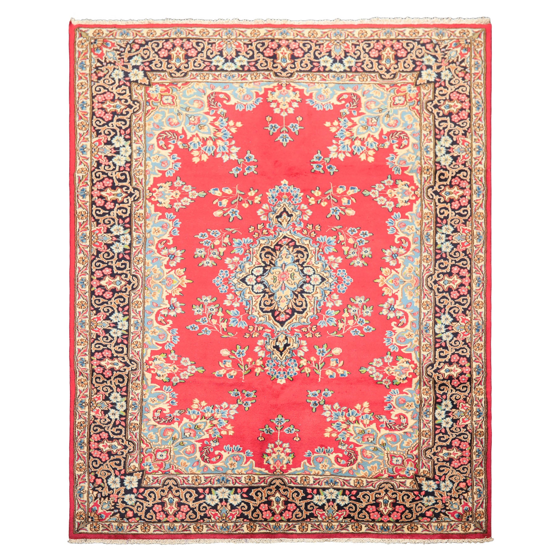 7x10 Fuschia, Midnight Blue, Aqua Color Hand Knotted Kerman Wool Traditional Oriental Rug