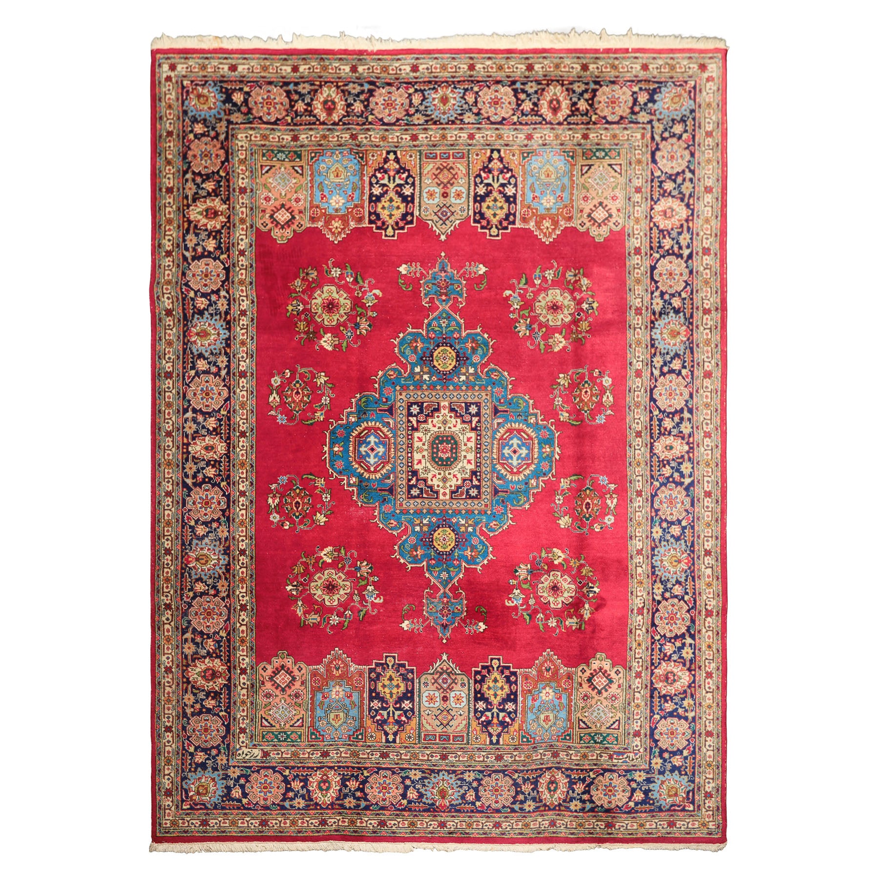 8x11 Coral, Navy, Ivory Color Hand Knotted Tabriz Wool Traditional Oriental Rug