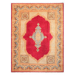 9x12 Ruby Red, Aqua, Navy Color Hand Knotted Kerman Wool Traditional Oriental Rug