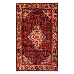 7x11 Midnight Blue, Ivory, Red Color Hand Knotted Hamadan Wool Traditional Oriental Rug