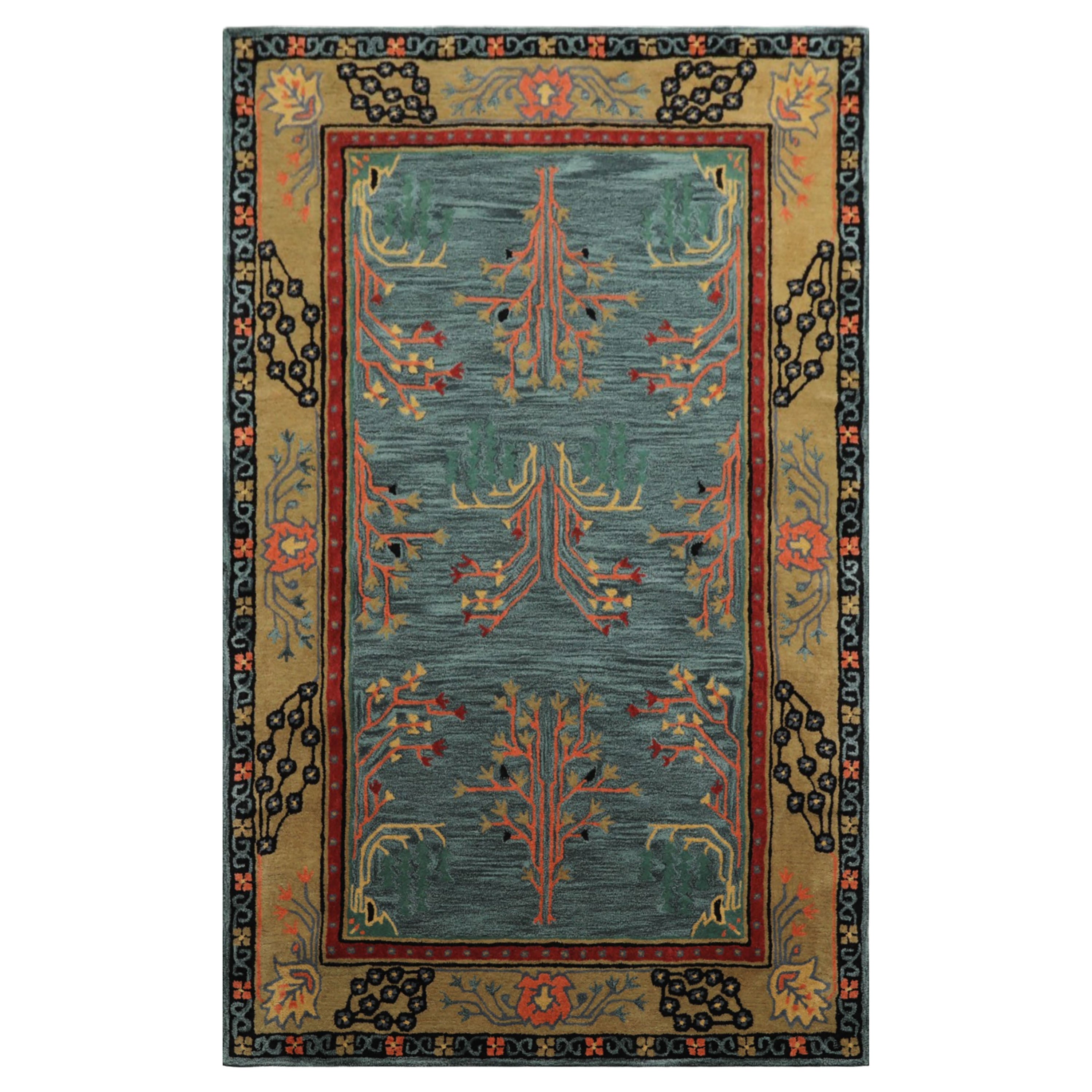 5x8 Turquoise, Gold, Black Color Hand Tufted Donegal Wool Traditional Oriental Rug