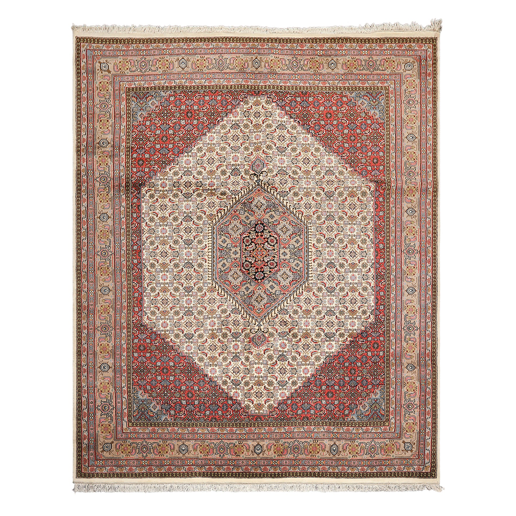 8x10 Ivory, Rose, Tan Color Hand Knotted Indo Bidjar Wool Traditional Oriental Rug