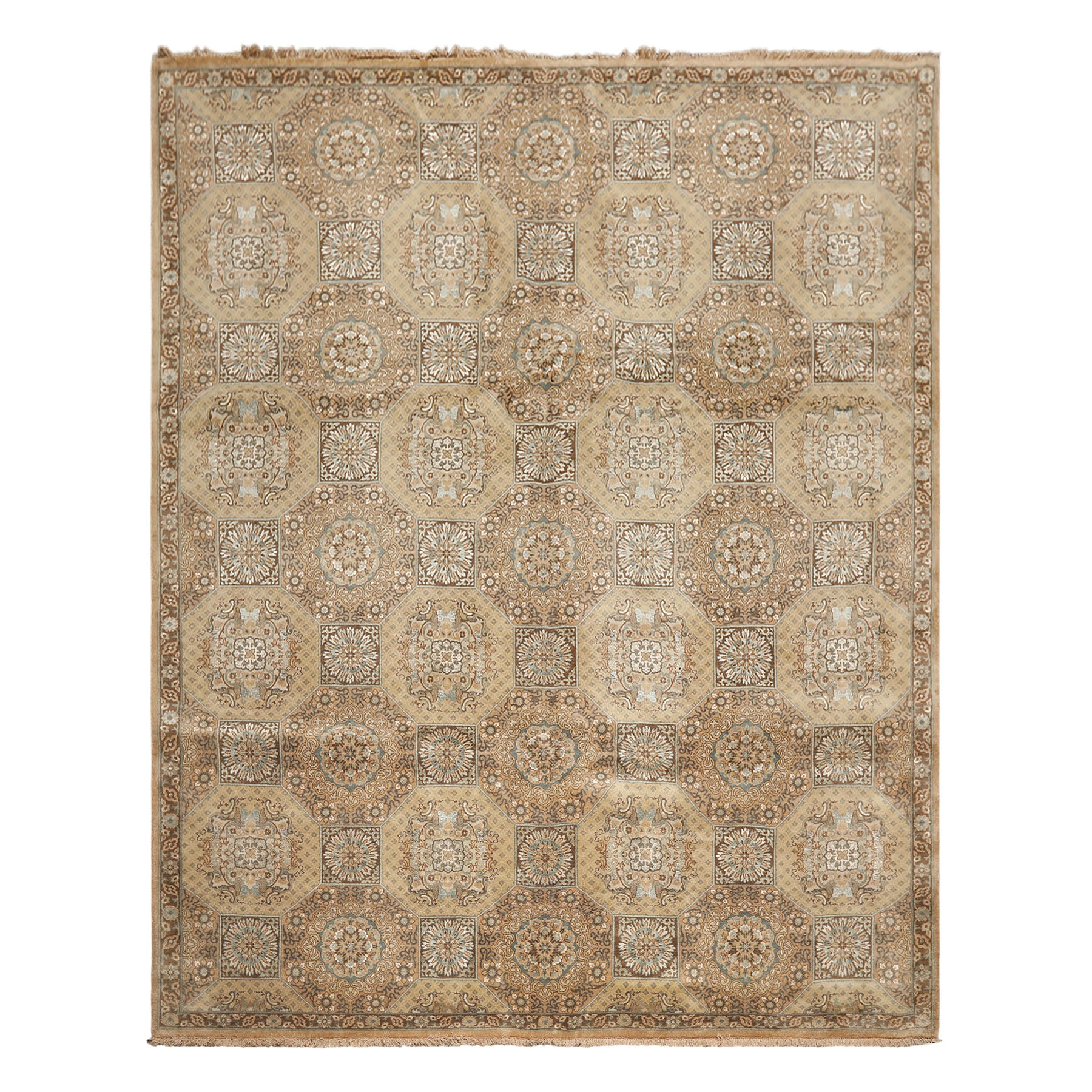 8x10 Beige, Tan, Turqoiuse Color Hand Knotted Bakhtiari Wool & Silk Transitional Oriental Rug