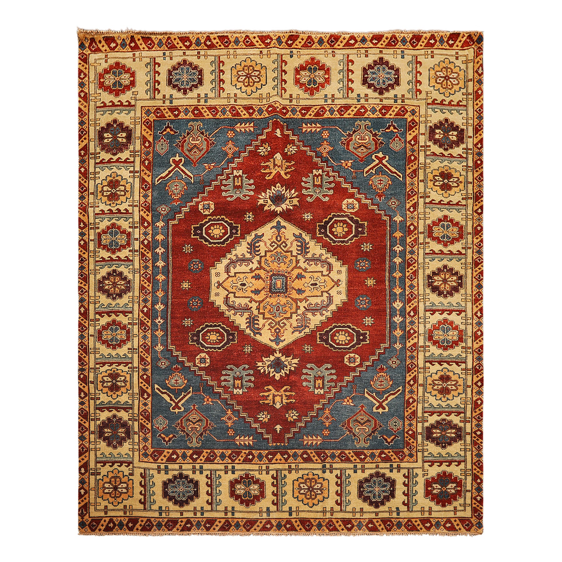 8x10 Rust, Light Gold, Blue Color Hand Knotted Oushak Wool Transitional Oriental Rug