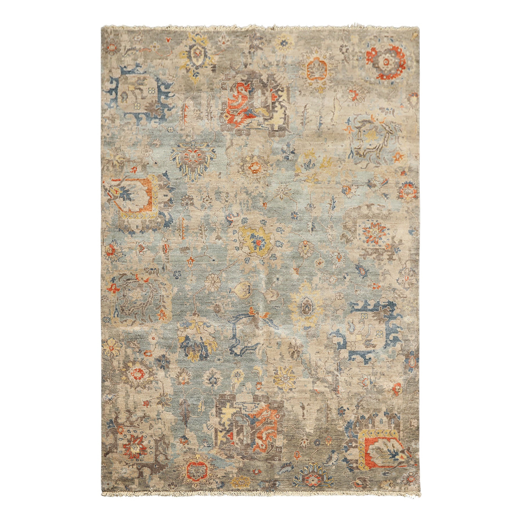 6x9 Celadon, Beige, Orange Color Hand Knotted Indo Oushak Wool Traditional Oriental Rug