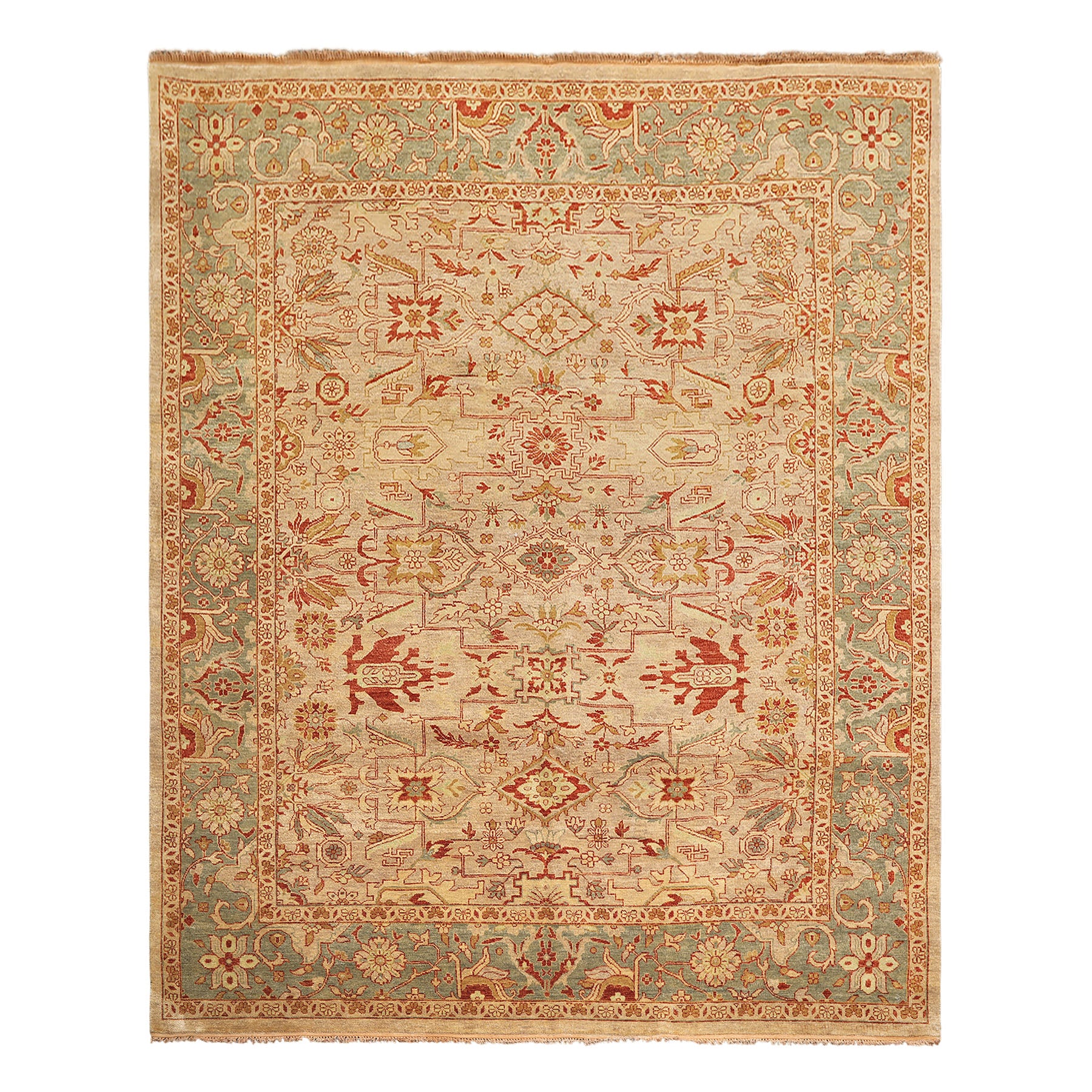 8x10 Beige, Celadon, Rust Color Hand Knotted Oushak Wool Traditional Oriental Rug
