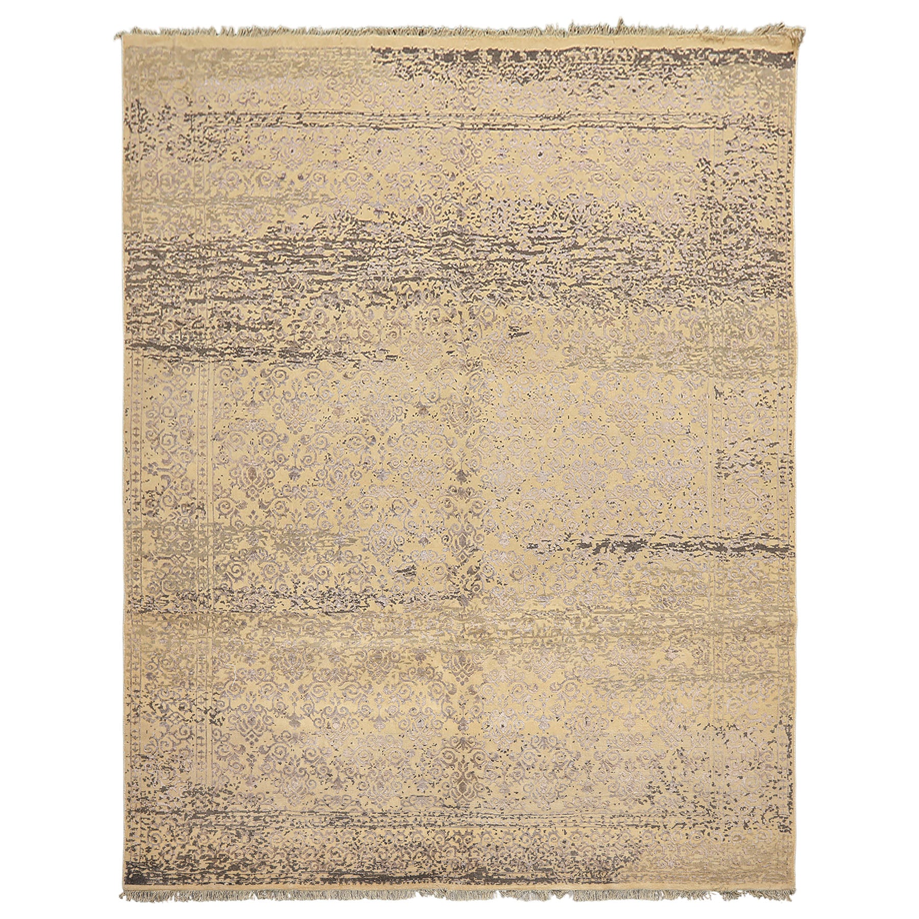 8x10 Vanilla, Taupe, Moss Color Hand Knotted Oushak Wool & Bamboo Silk Transitional Oriental Rug