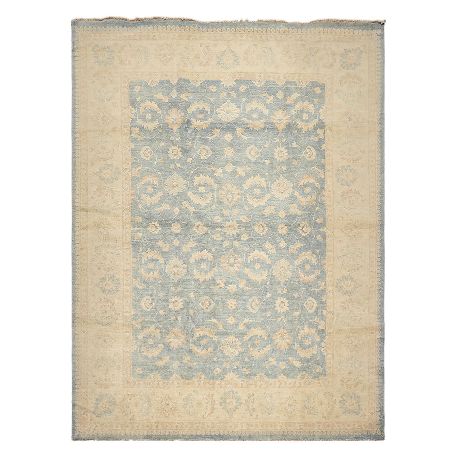 9x12 Aqua, Ivory, Tan Color Hand Knotted Chobi Peshawar Wool Traditional Oriental Rug