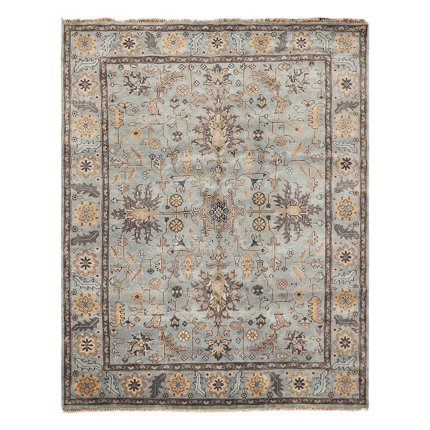 8x10 Aqua, Gray, Tan Color Hand Knotted Oushak Wool Traditional Oriental Rug