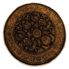 8' Round Black, Gold, Maroon Color Hand Knotted Agra Wool Traditional Oriental Rug